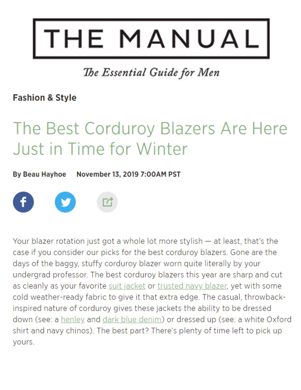 The Best Corduroy Blazers Are Here Just in Time for Winter | The Manual | November 2019