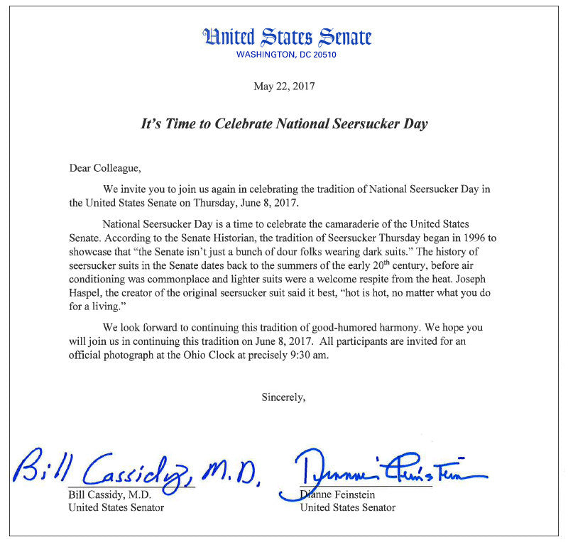 SENATOR CASSIDY PROMOTES NATIONAL SEERSUCKER DAY - MAY 2017
