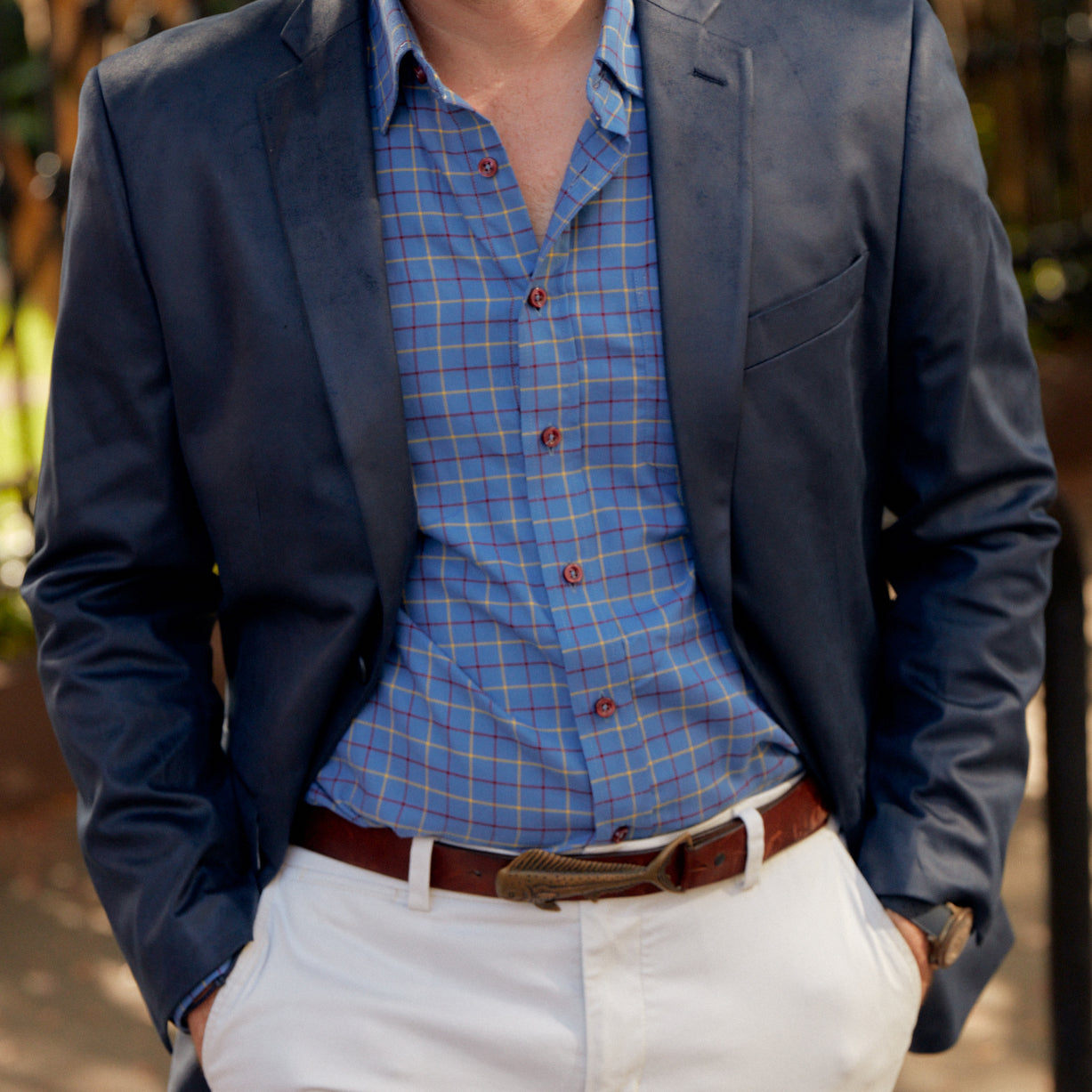 Our Treme Blue with Burgundy & Yellow Brushed Check is a stylish option for fall. The brushed check pattern mixes the cool blue hue with warm burgundy and yellow tones, creating a look that is both sophisticated and modern.  100% Cotton • Hidden Button Collar • Long Sleeve • Chest Pocket • Machine Washable • Made in Italy • Return Policy