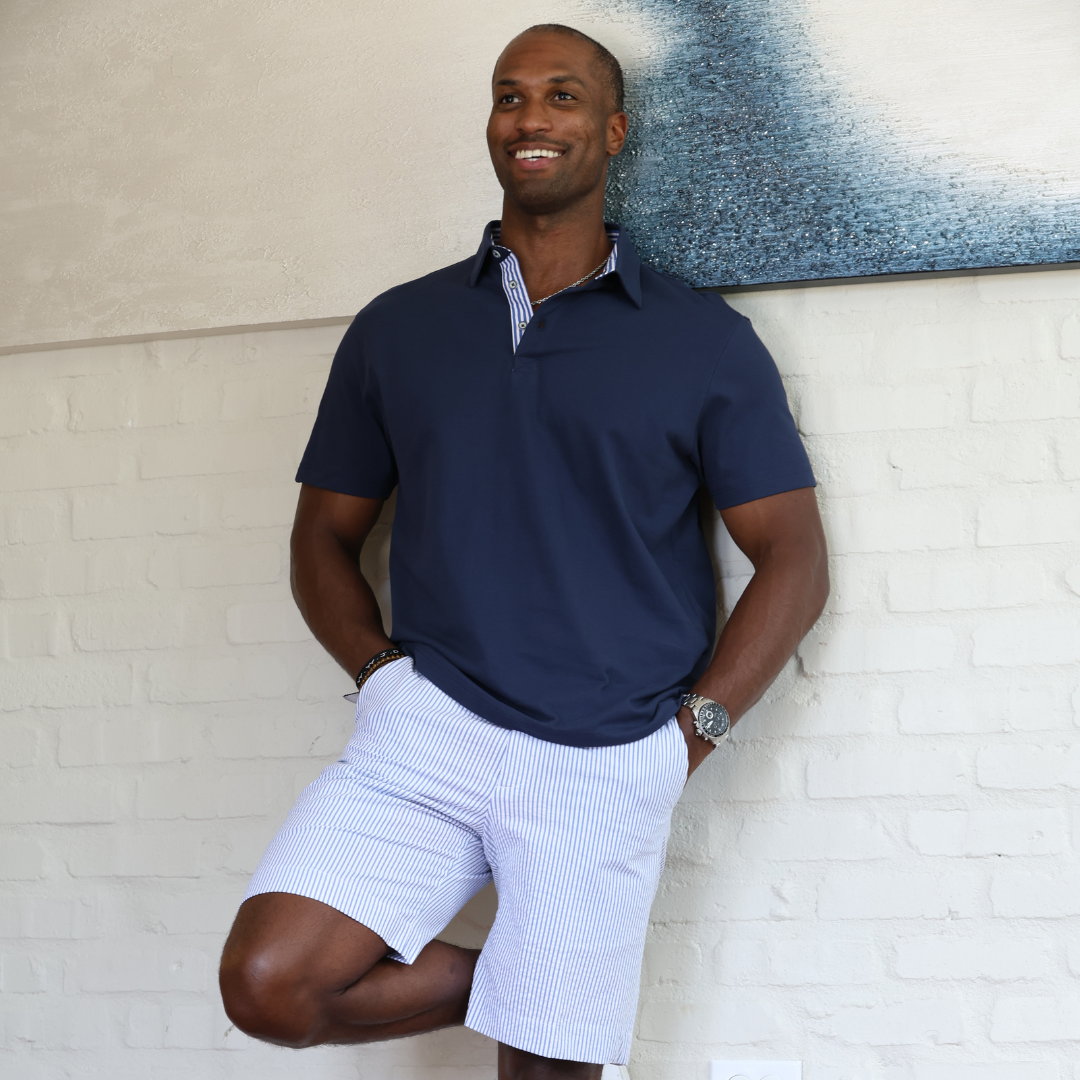 Corta TAILORED FIT Navy Polo with Blue Seersucker Trim