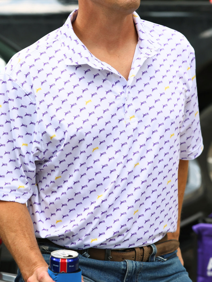 Purple &amp; Gold Jumping Tiger Performance Polo