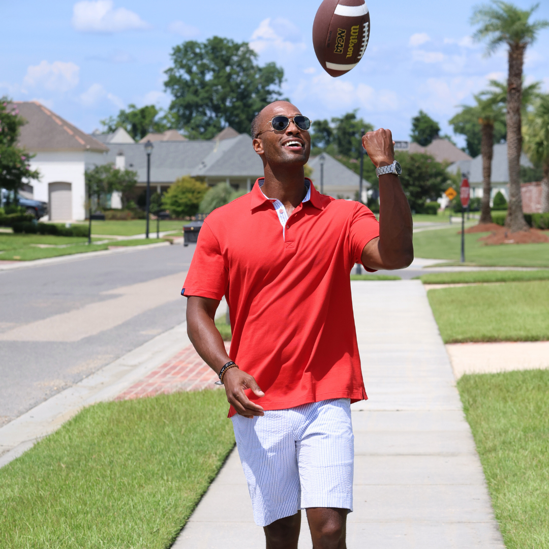 Corta TAILORED FIT Red Polo with Lt. Blue Seersucker Trim