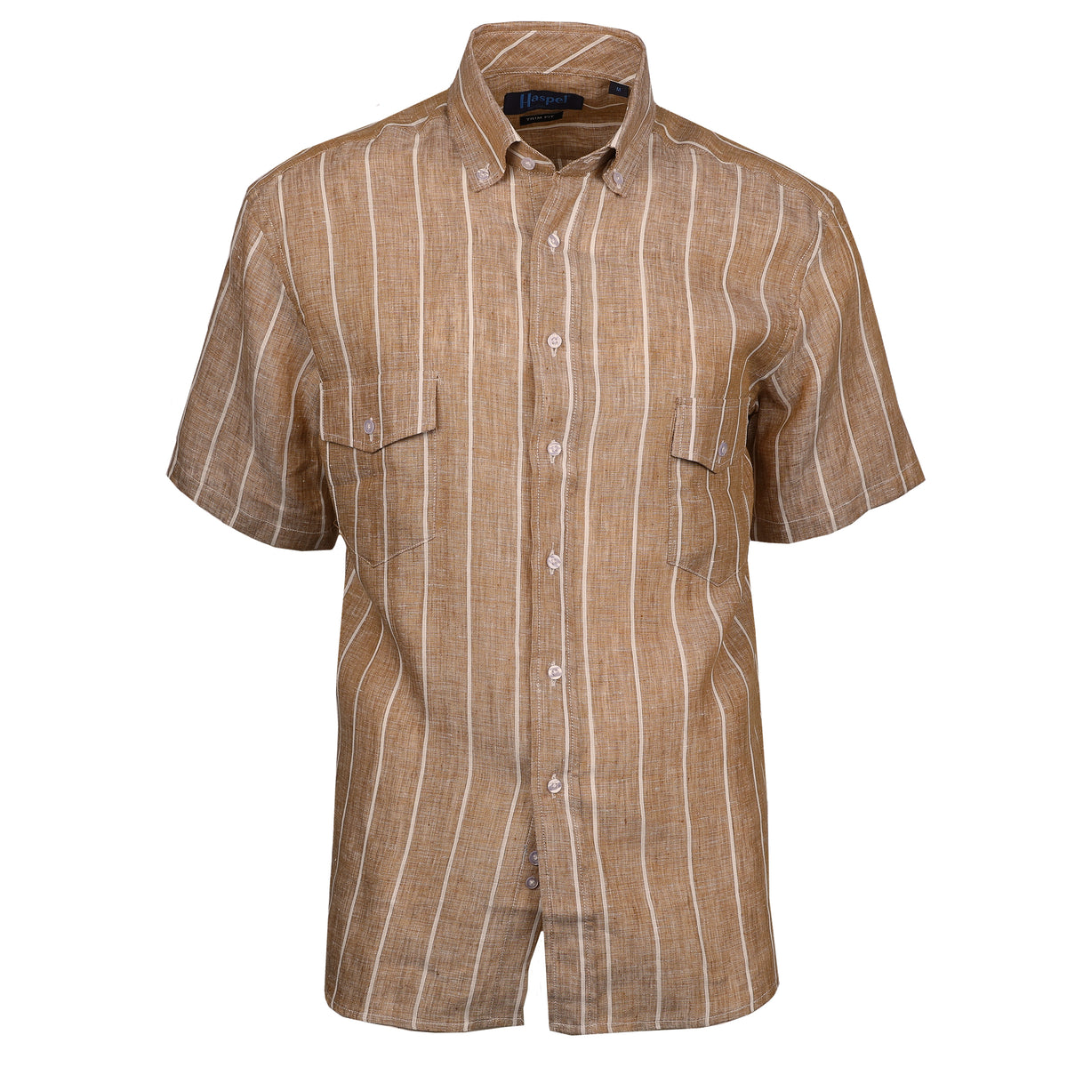 Sea Breeze Short Sleeve Tan Stripe Linen Shirt