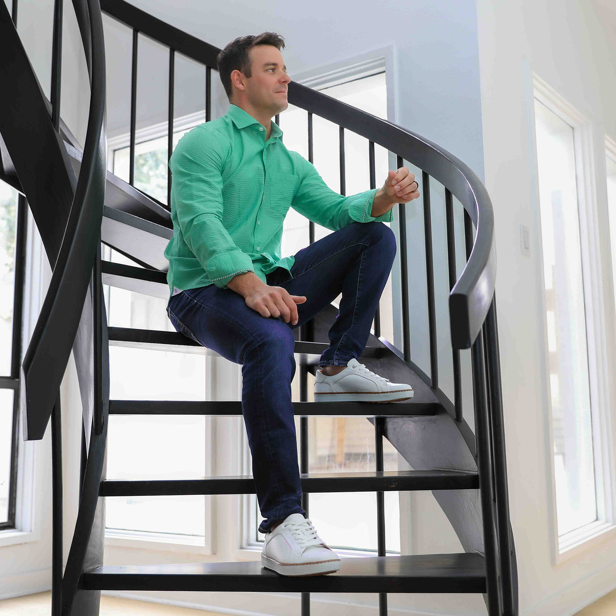 Chartres Long Sleeve Solid Green Seersucker