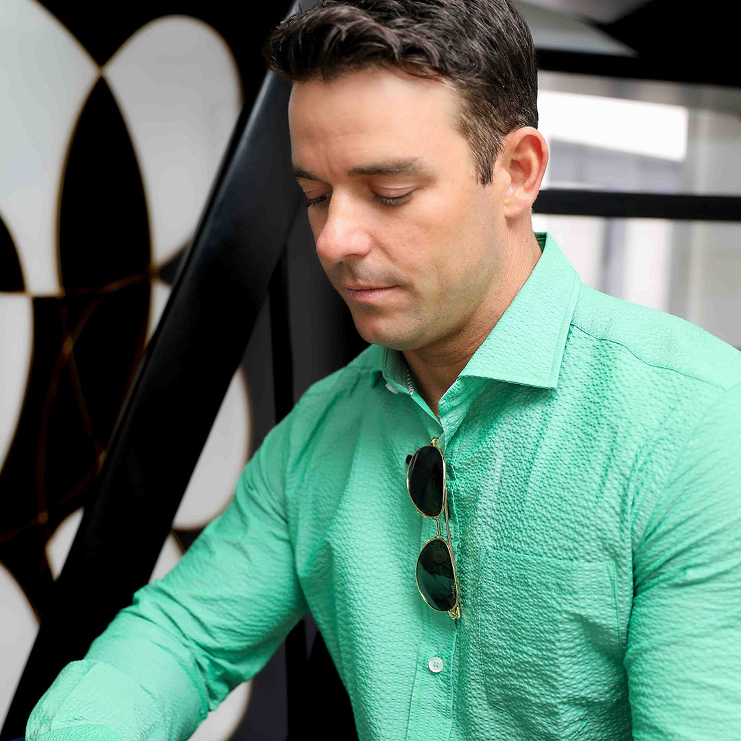 Chartres Long Sleeve Solid Green Seersucker