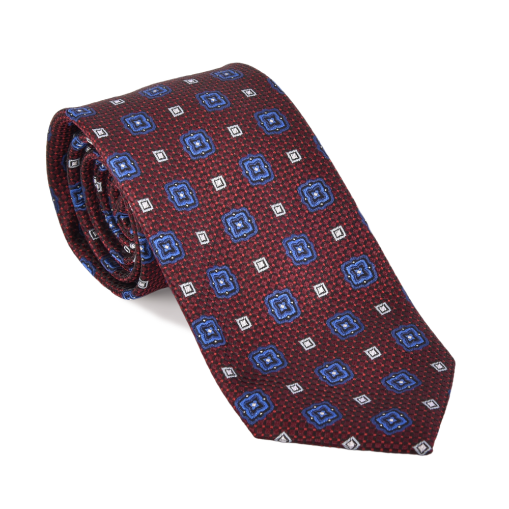 Dark Red with Navy, Med. Blue, and Silver Tie