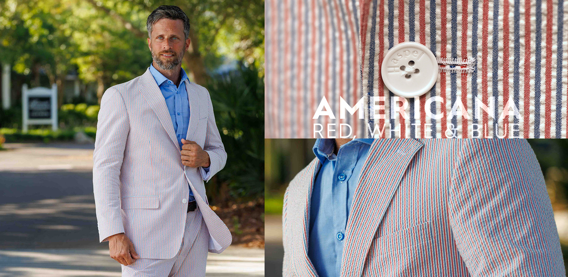 Americana Red, White & Blue Seersucker Suit, close up of the striped fabric, and man wearing the suit.