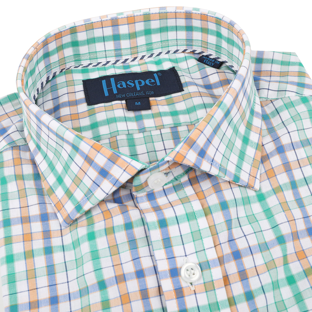 Add a pop of color to your spring wardrobe with the Audubon Green, Orange and Blue Check. Perfect for a playful and unique style, this check pattern is sure to turn heads.&amp;nbsp;&lt;/p&gt; &lt;p&gt;100% Cotton • Spread Collar • Long Sleeve • Chest Pocket • Machine Washable • Made in Italy