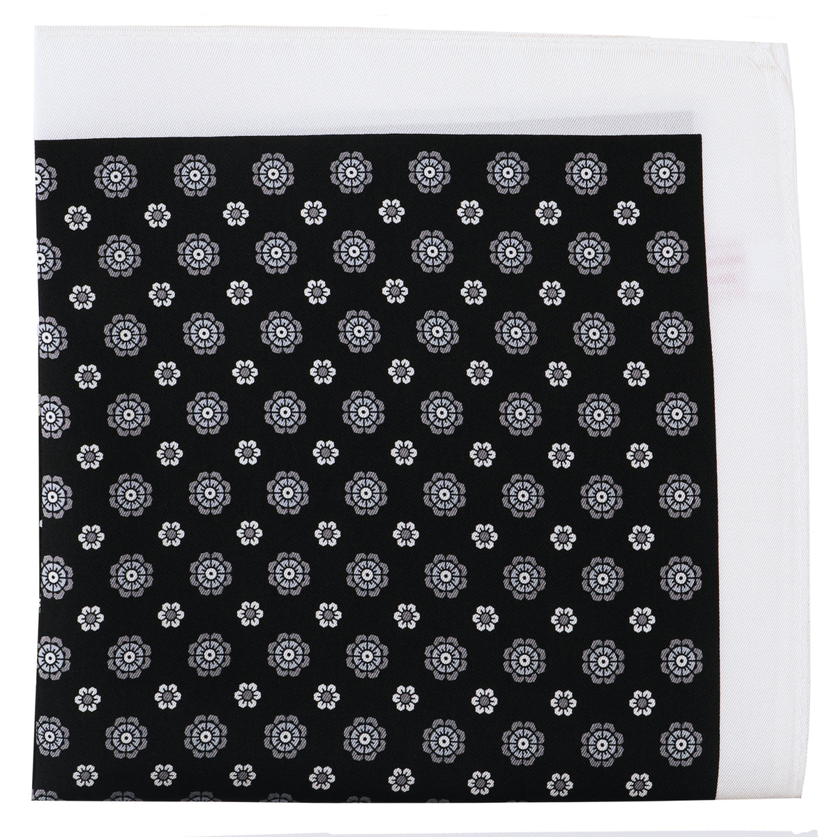 Black with White Medallion Silk Pocket Square