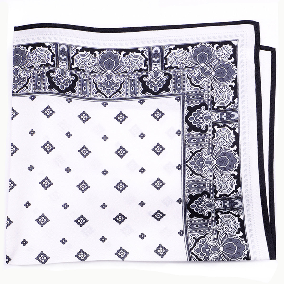 White with Black Paisley Border Silk Pocket Square