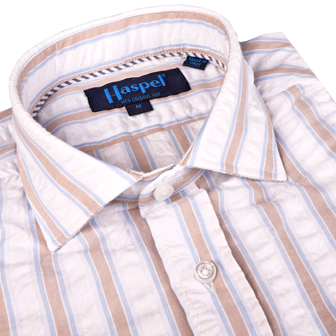 Chartres Tan &amp; Blue Bold Seersucker Stripe