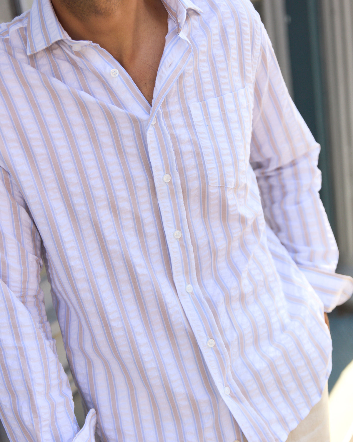 Chartres Tan &amp; Blue Bold Seersucker Stripe