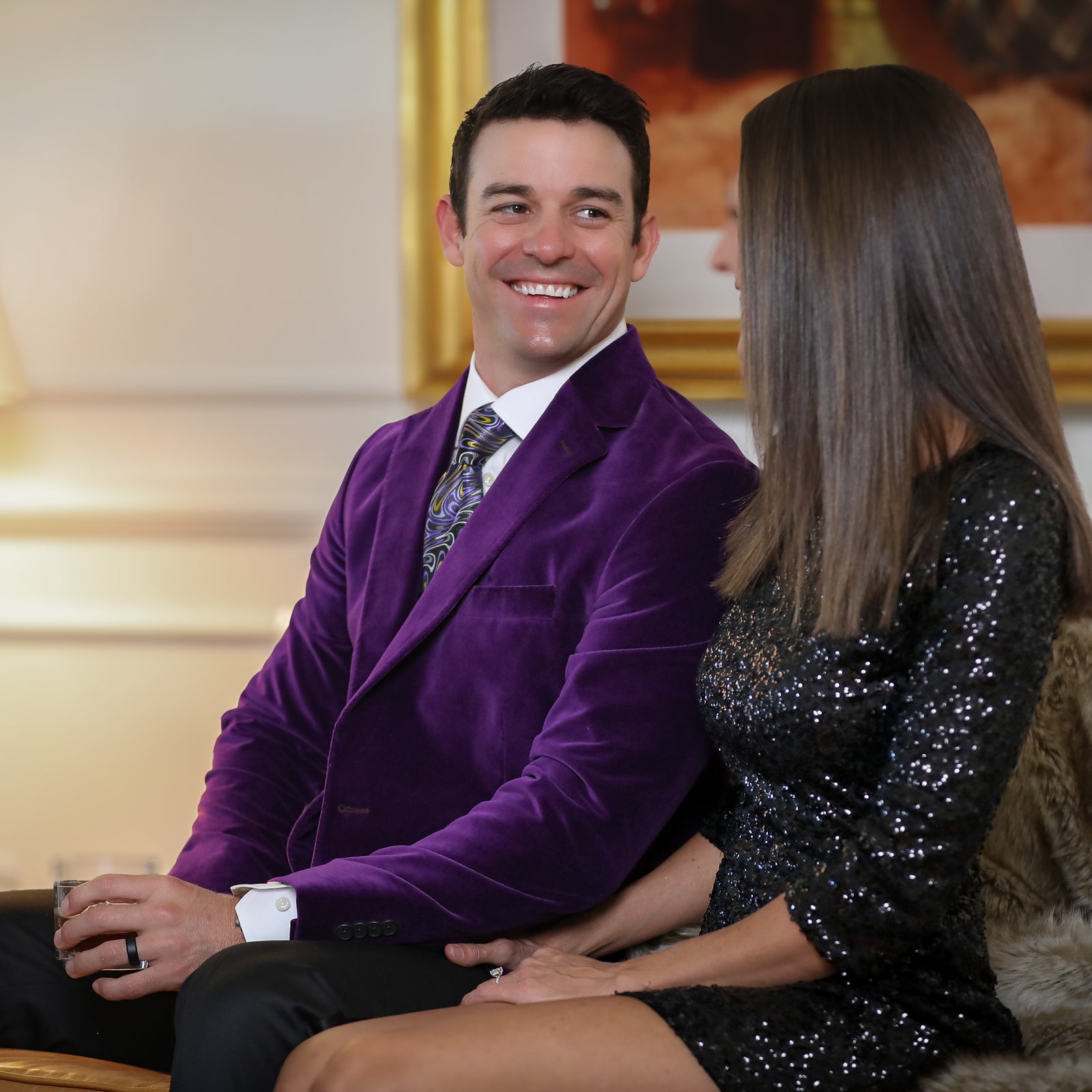 Make a statement at your next dinner party in this purple Audubon jacket! A fun and smooth velvet material will make you feel cool and comfortable, while you show up your friends!  100% cotton • Audubon Classic Fit • Natural Shoulder • Two Button Closure• Flap Pockets • 3/4 Lined • 2 Side Vents • Satin Notch Lapel • Dry Clean Only