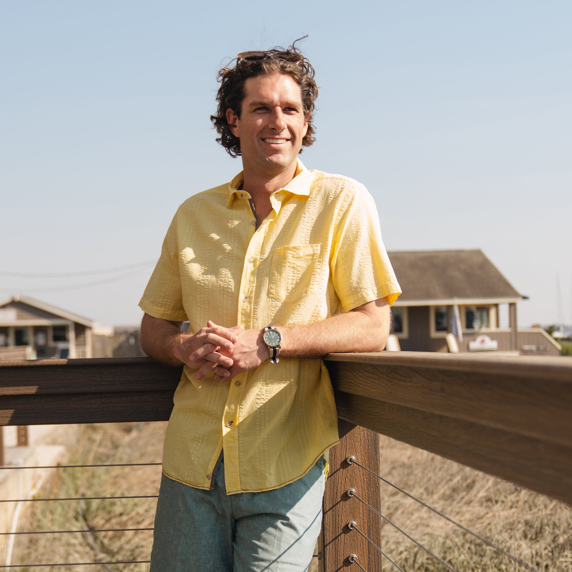 Warm weather good times await with our Riley Yellow Washed Short Sleeve Seersucker. This casual shirt features a relaxed fit and the classic seersucker fabric for a fun, laid-back look in cheery yellow.