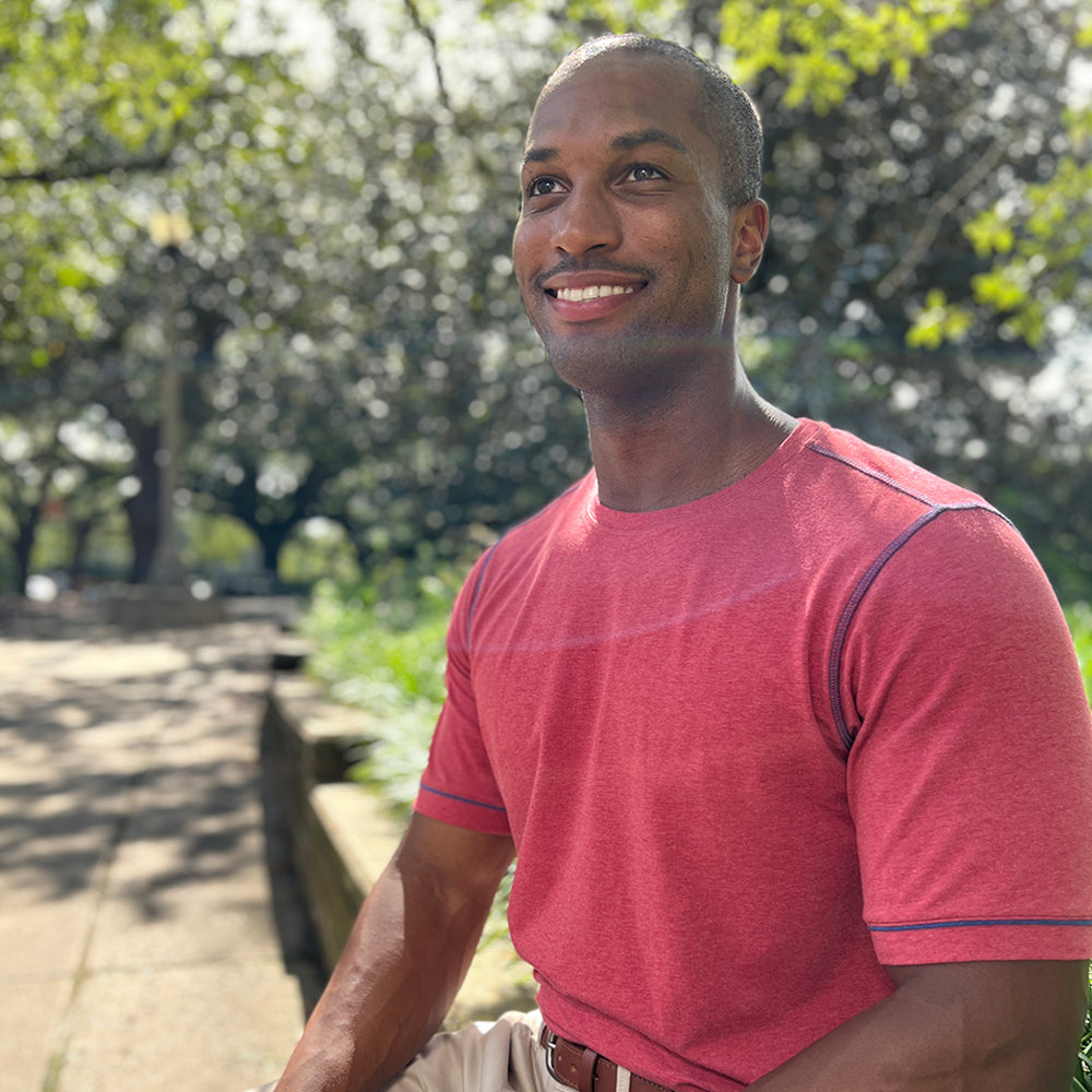 Lightweight luxe is the name of the game. Keep your cool in our relaxed casual tees. Ready to relax &amp; ready for a good time.  100% Luxe Cotton • Tailored Fit • Contrast Stitching • Machine Washable • Imported 