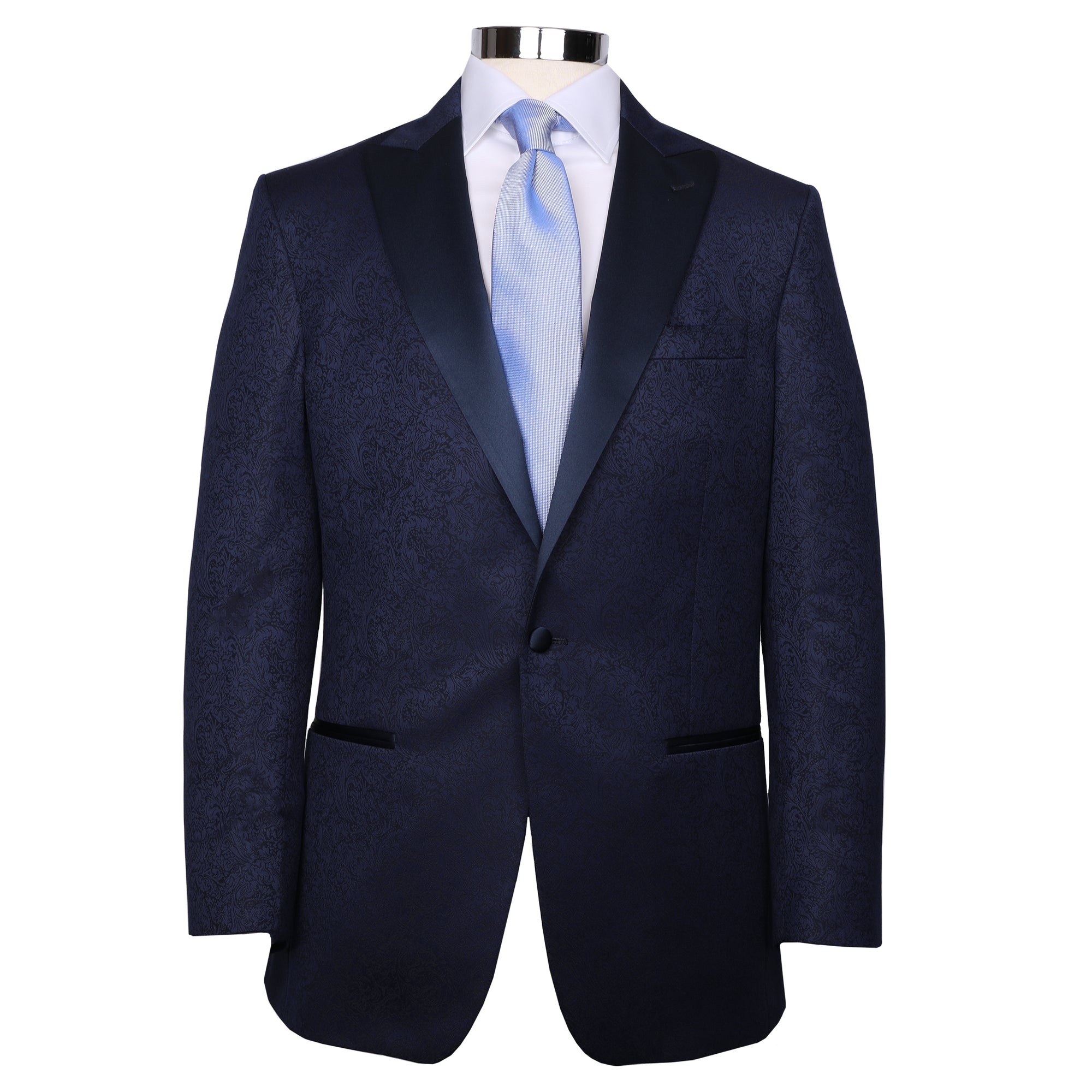 Look sharp in this navy blue Audubon dinner jacket! Crafted in a classic silhouette with a textured finish, this lightweight beauty is as stunning as it is stylish. Add a touch of glamour to your formal wardrobe.   60% Polyester / 20% Wool / 20% Viscose • Audubon Classic Fit • Natural Shoulder • One Button Closure • Satin Trim Besom Pockets • Satin Covered Buttons • Fully Lined • 2 Side Vents • Satin Peak Lapel • Dry Clean Only