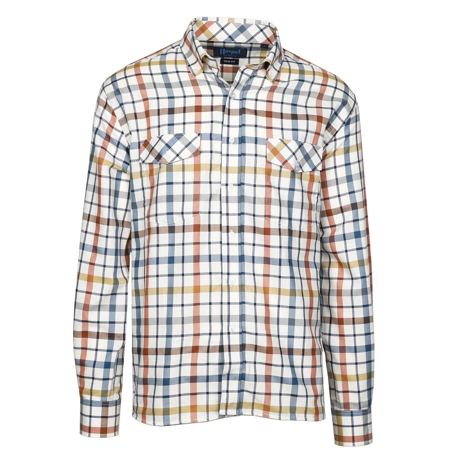 Rock the rustic vibes with Apres Blue, Brown & Rust Brushed Cotton Check. This cozy plaid shirt features an eye-catching blue, brown, and rust colorway that's perfect for channeling New Orleans style. Be prepared to make a statement any time you wear it.  100% Cotton • Button Down Collar • Long Sleeve • Double Chest Pocket • Machine Washable • Made in Italy • Return Policy