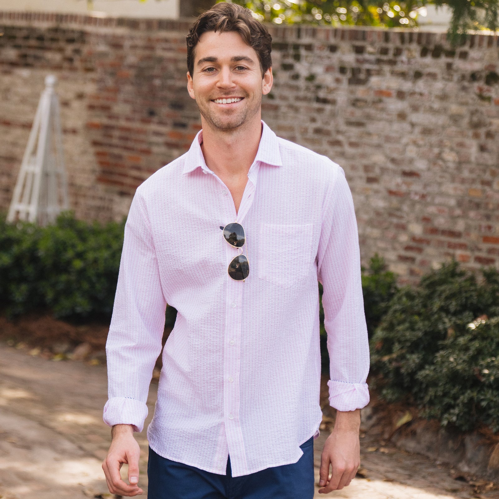 <p>Pretty in pink and stunning in seersucker. Ready for all your spring good times.</p> <p>100% Cotton Seersucker • Spread Collar • Long Sleeve • Chest Pocket • Machine Washable • Made in Italy<span data-mce-fragment="1"> </span></p>