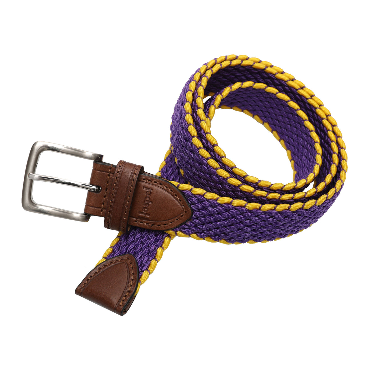 Crafted to add a rich style to any look, our elastic belts feature a leather tab, antique nickel finish buckle, and color choices to support our favorite collegiate teams.   Braided elastic • Briar Waxy Leather Points • 1-3/8&quot; wide • Antique Nickel Finish Buckle • Imported • Always order belts one size above your natural waist size. • Return Policy