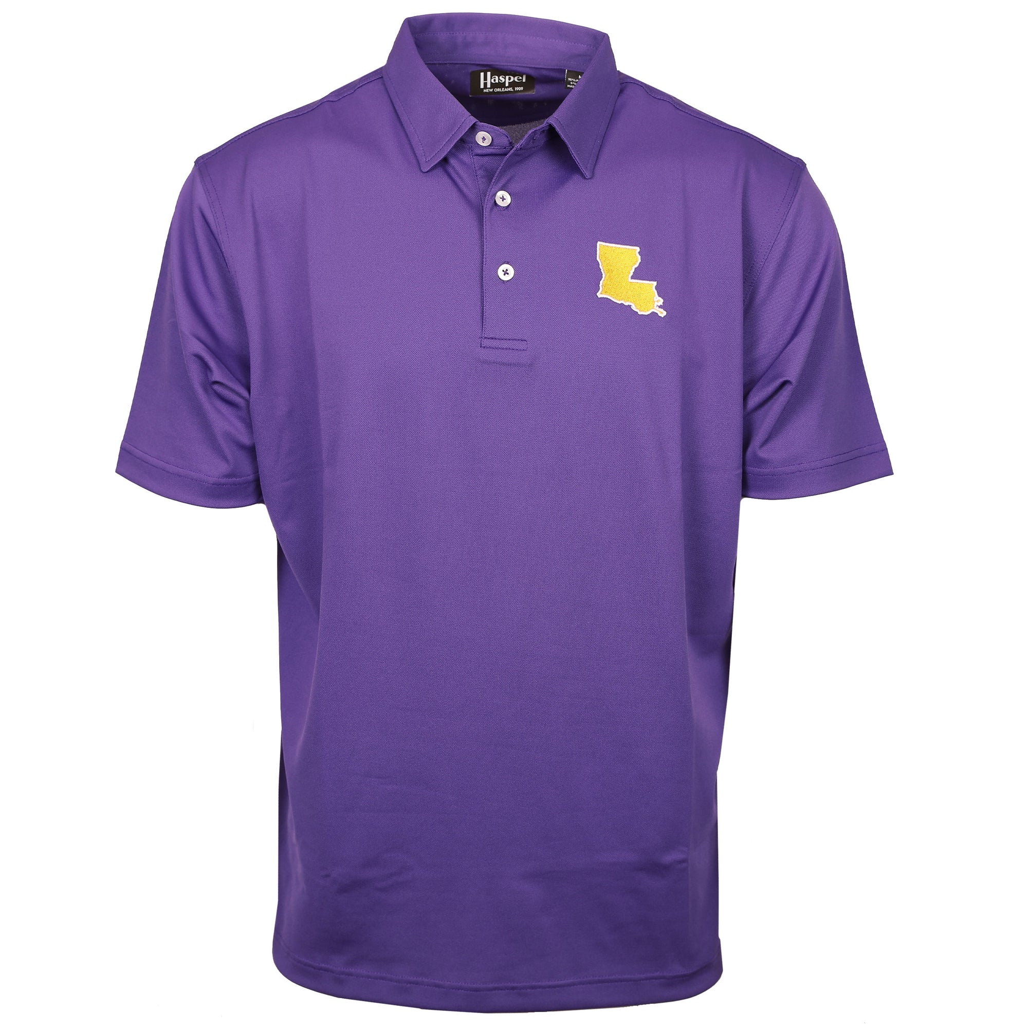 Purple, gold and a regal roar. and you are ready for Game Day! A classic style, a bold color, ready for a true Louisiana Saturday Night down in Baton Rouge.  95% Cotton / 5% Spandex • 3 Button Placket • No Chest Pocket • Imported • Machine Wash • Return Policy