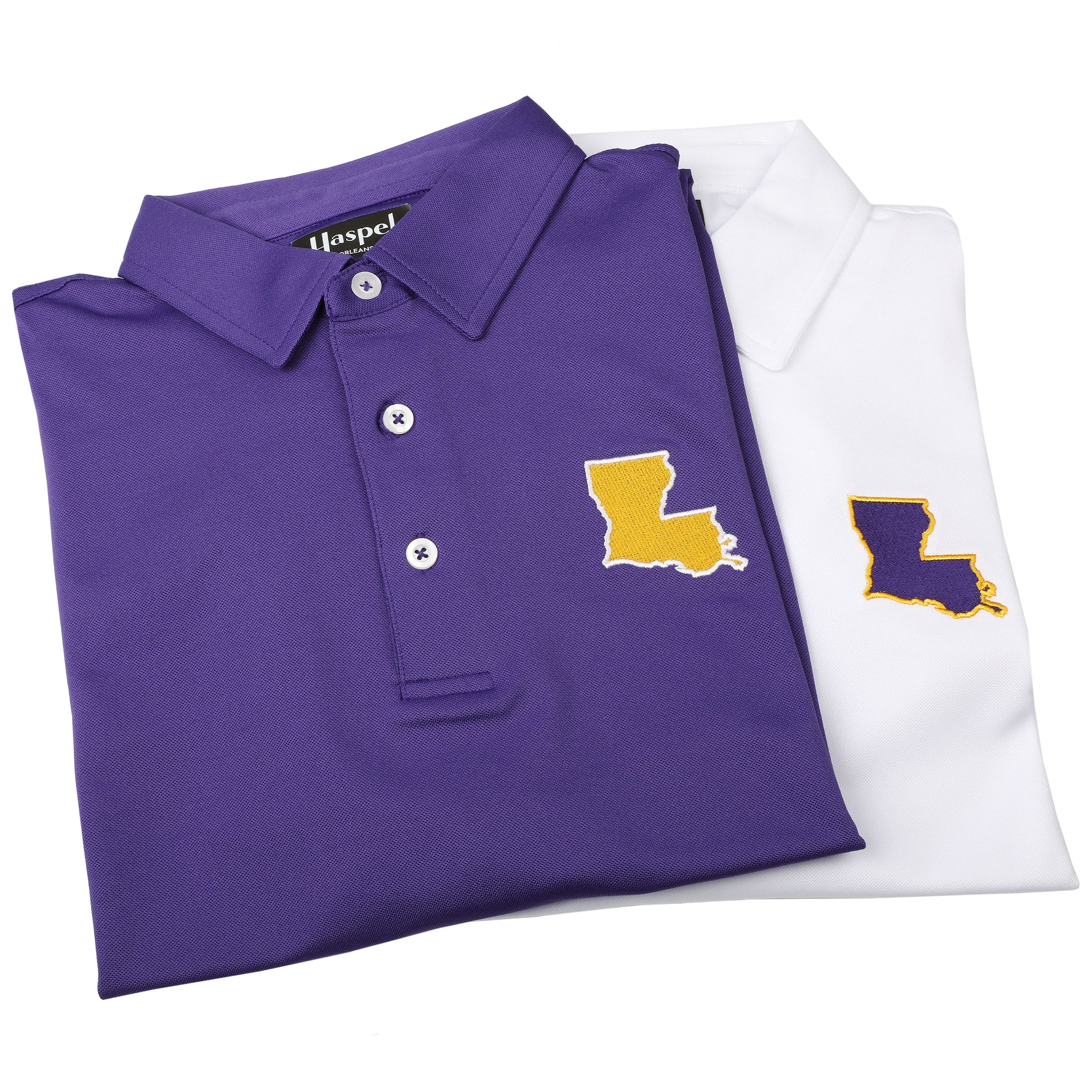 Purple, gold and a regal roar. and you are ready for Game Day! A classic style, a bold color, ready for a true Louisiana Saturday Night down in Baton Rouge.  95% Cotton / 5% Spandex • 3 Button Placket • No Chest Pocket • Imported • Machine Wash • Return Policy