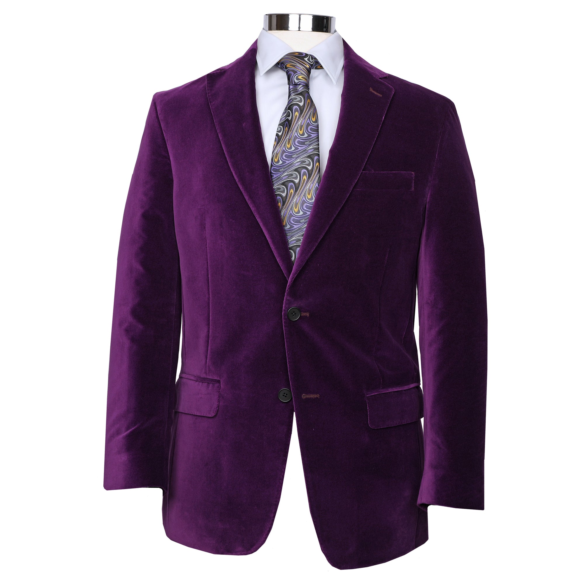 Make a statement at your next dinner party in this purple Audubon jacket! A fun and smooth velvet material will make you feel cool and comfortable, while you show up your friends!  100% cotton • Audubon Classic Fit • Natural Shoulder • Two Button Closure• Flap Pockets • 3/4 Lined • 2 Side Vents • Satin Notch Lapel • Dry Clean Only