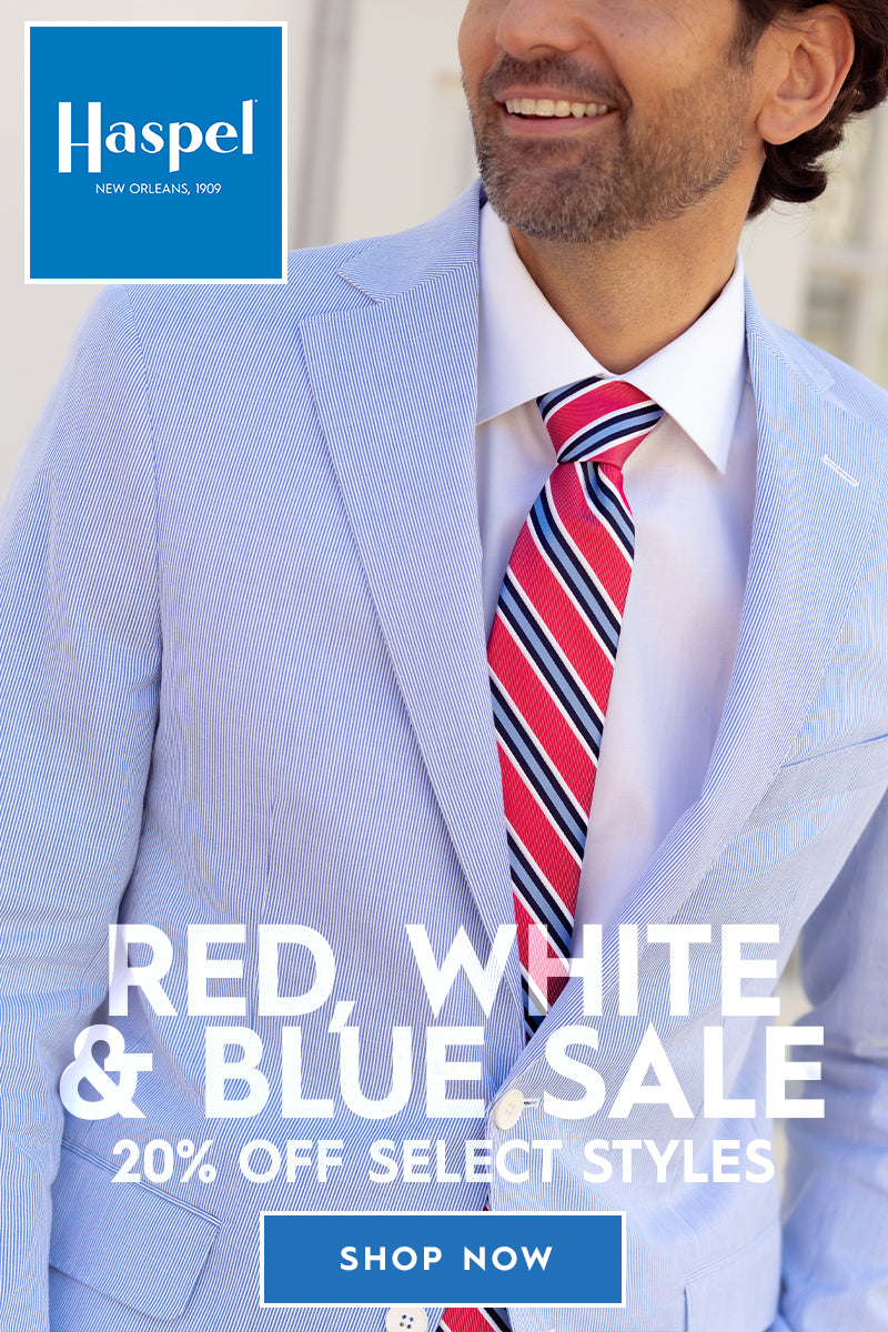 Man in Ocean Blue Pincord Suit with Red, White and Blue Diagonal Tie & White Dress Shirt - Red, White & Blue Sale - 20% OFF Select Styles, Shop Now