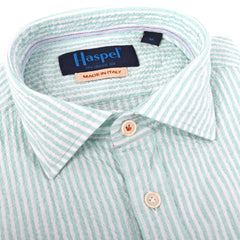 JMIERR Men's Casual Short Sleeve Button-Up Shirt - Striped Cotton Blend, Mint Green, Regular Fit