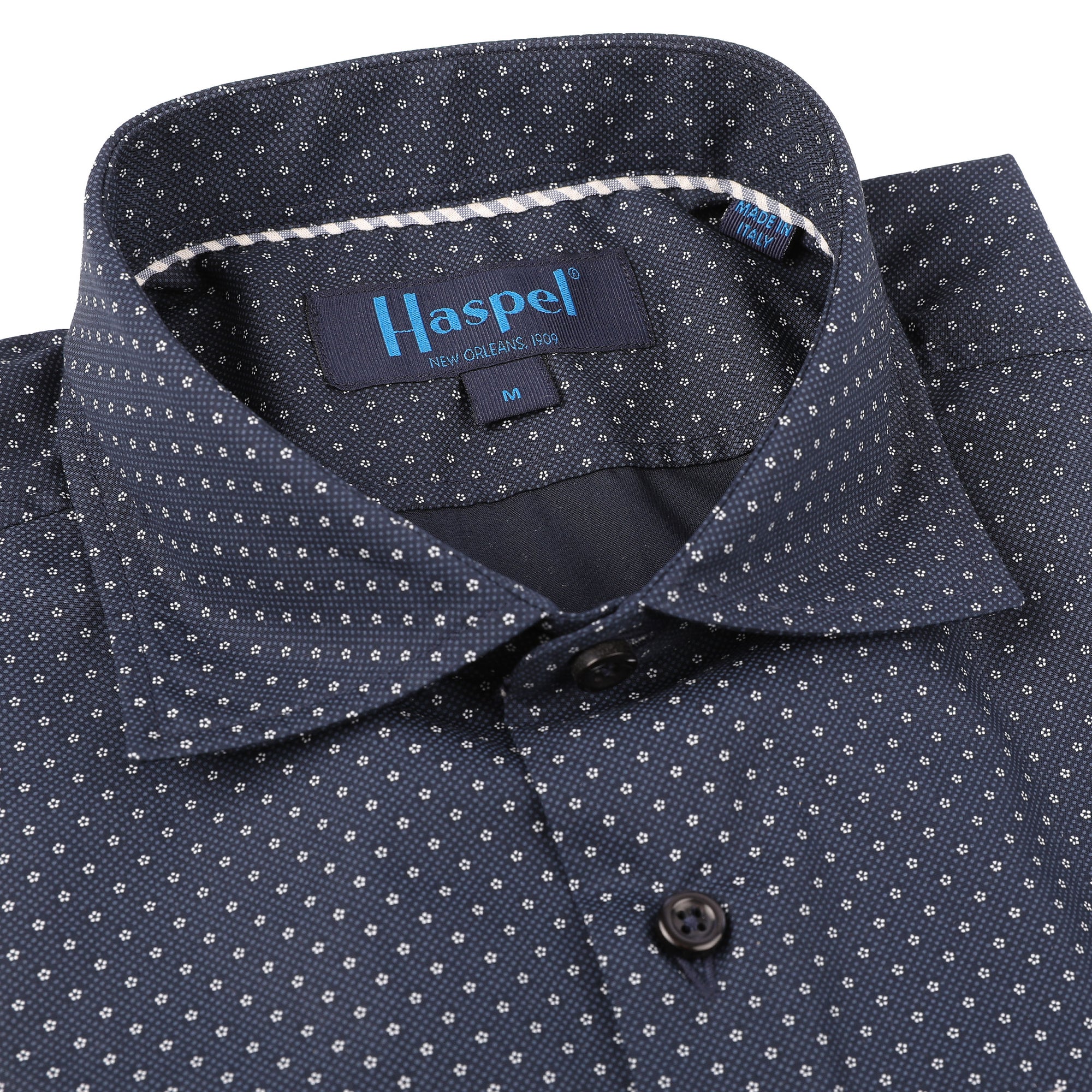 This Erato Navy Texture with White Dot sport shirt will keep you comfortable and stylish. It is made of a soft micro dot patterned material that is breathable and lightweight. You will look sharp while staying cool and comfortable.  100% Cotton • Spread Collar • Long Sleeve • Contrast Buttons • French Placket • Machine Washable • Made in Italy • Return Policy