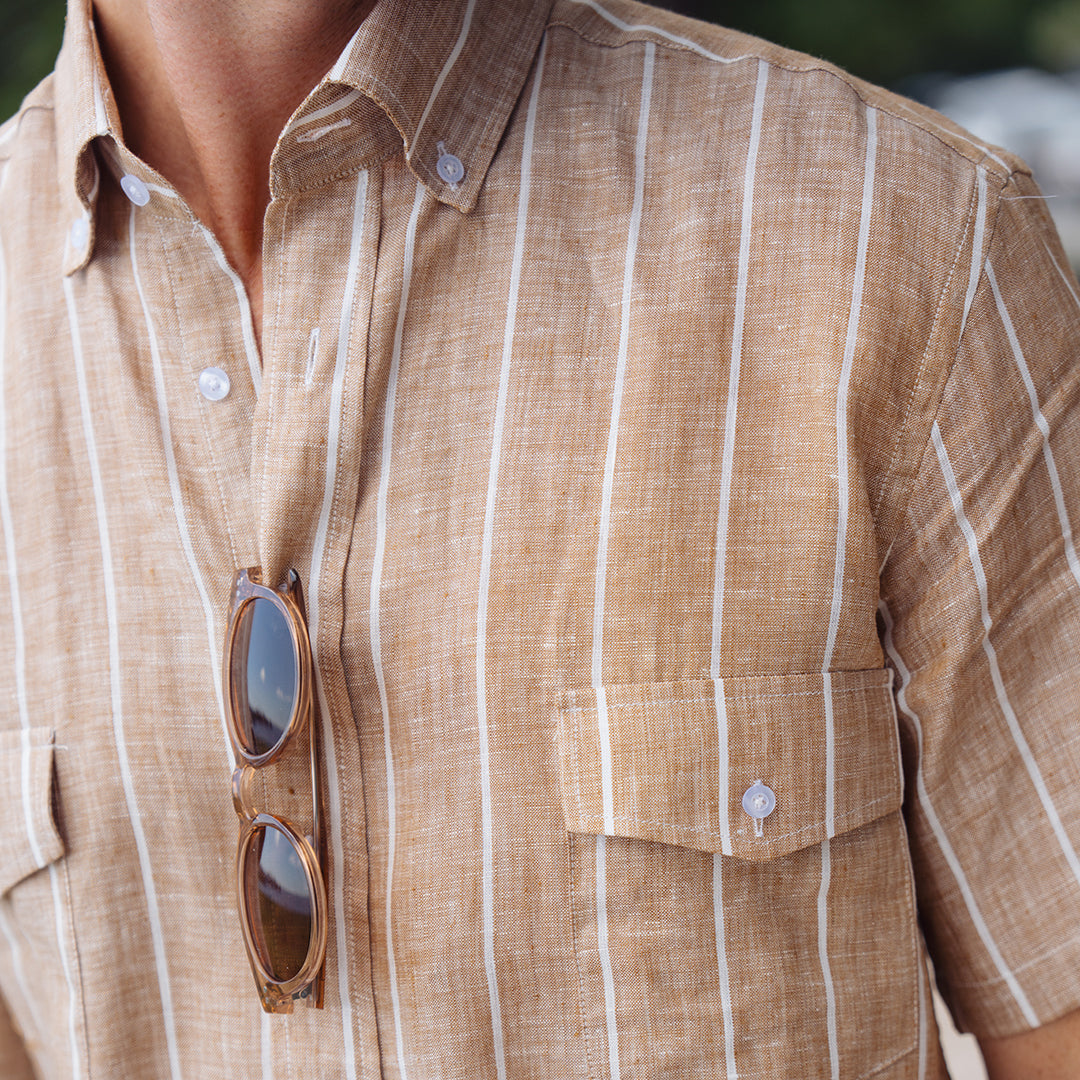 Men's Shirts | Sea Breeze Short Sleeve Tan Stripe Linen Shirt