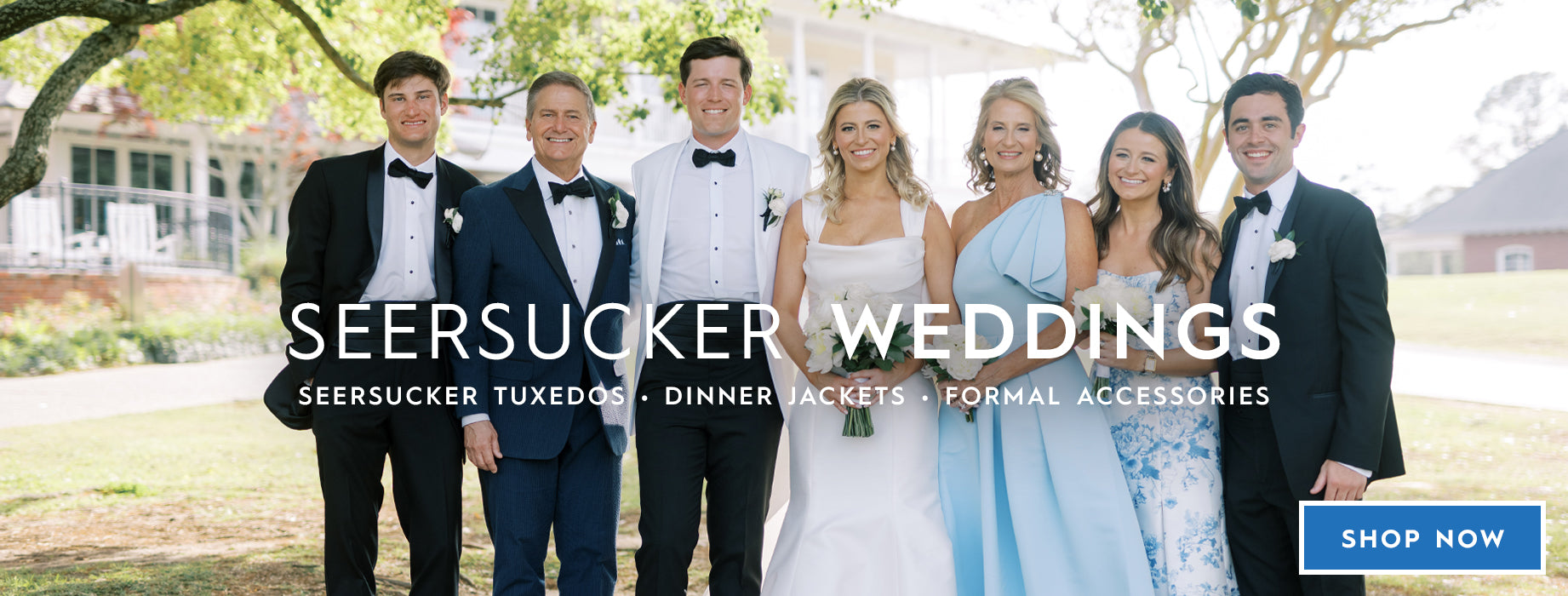 A group of seven people outdoors wearing formal wedding attire, with large overlaid text reading 'SEERSUCKER WEDDINGS' and smaller text listing tuxedos, dinner jackets, and formal accessories. A blue 'SHOP NOW' button appears in the bottom right corner.