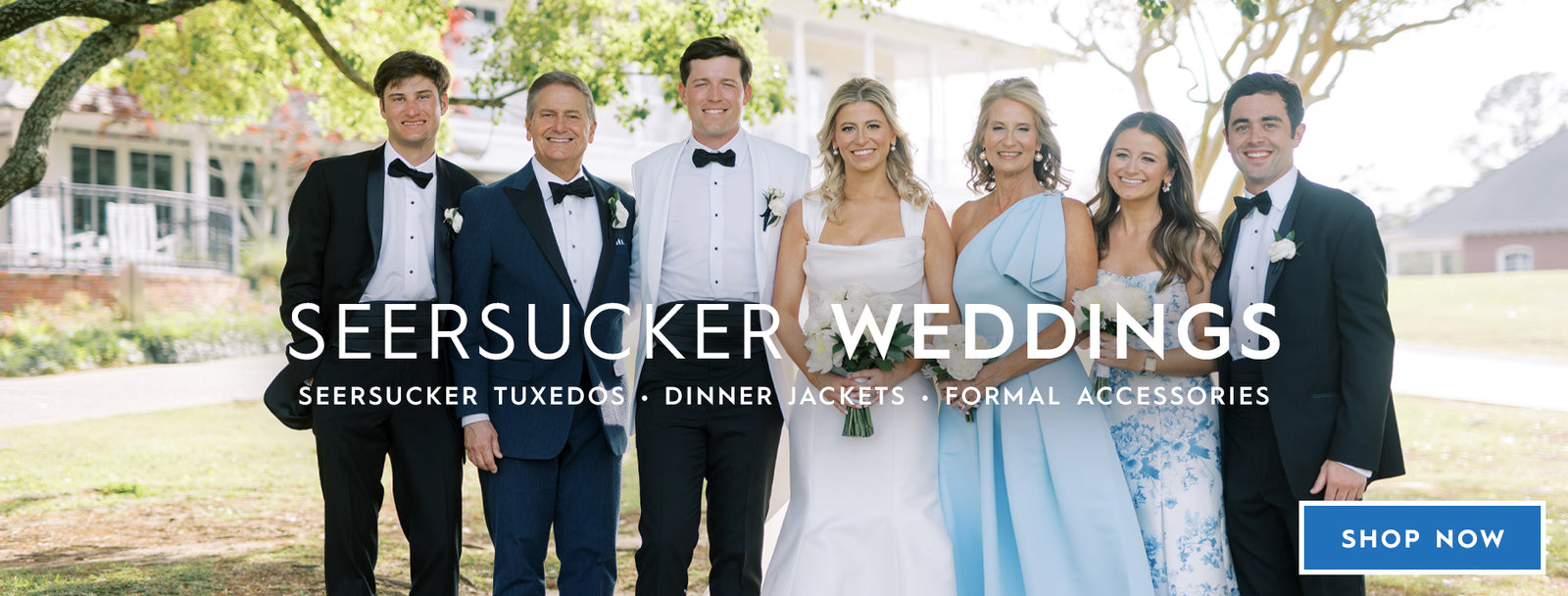 A group of seven people outdoors wearing formal wedding attire, with large overlaid text reading 'SEERSUCKER WEDDINGS' and smaller text listing tuxedos, dinner jackets, and formal accessories. A blue 'SHOP NOW' button appears in the bottom right corner.