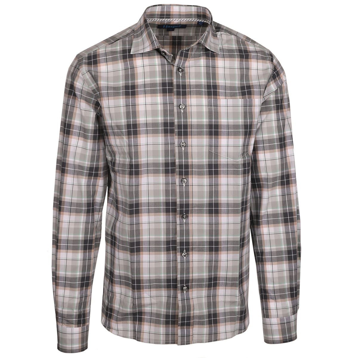 The Audubon Gray, Tan &amp; Green Plaid shirt adds a classic touch to any wardrobe. Crafted from lightweight cotton, this plaid shirt is comfortable and breathable. The stylishly designed steely grey buttons give a modern edge to the traditional grey and tan pattern.  100% Cotton • Spread Collar • Long Sleeve • Chest Pocket • Machine Washable • Made in Italy • Return Policy