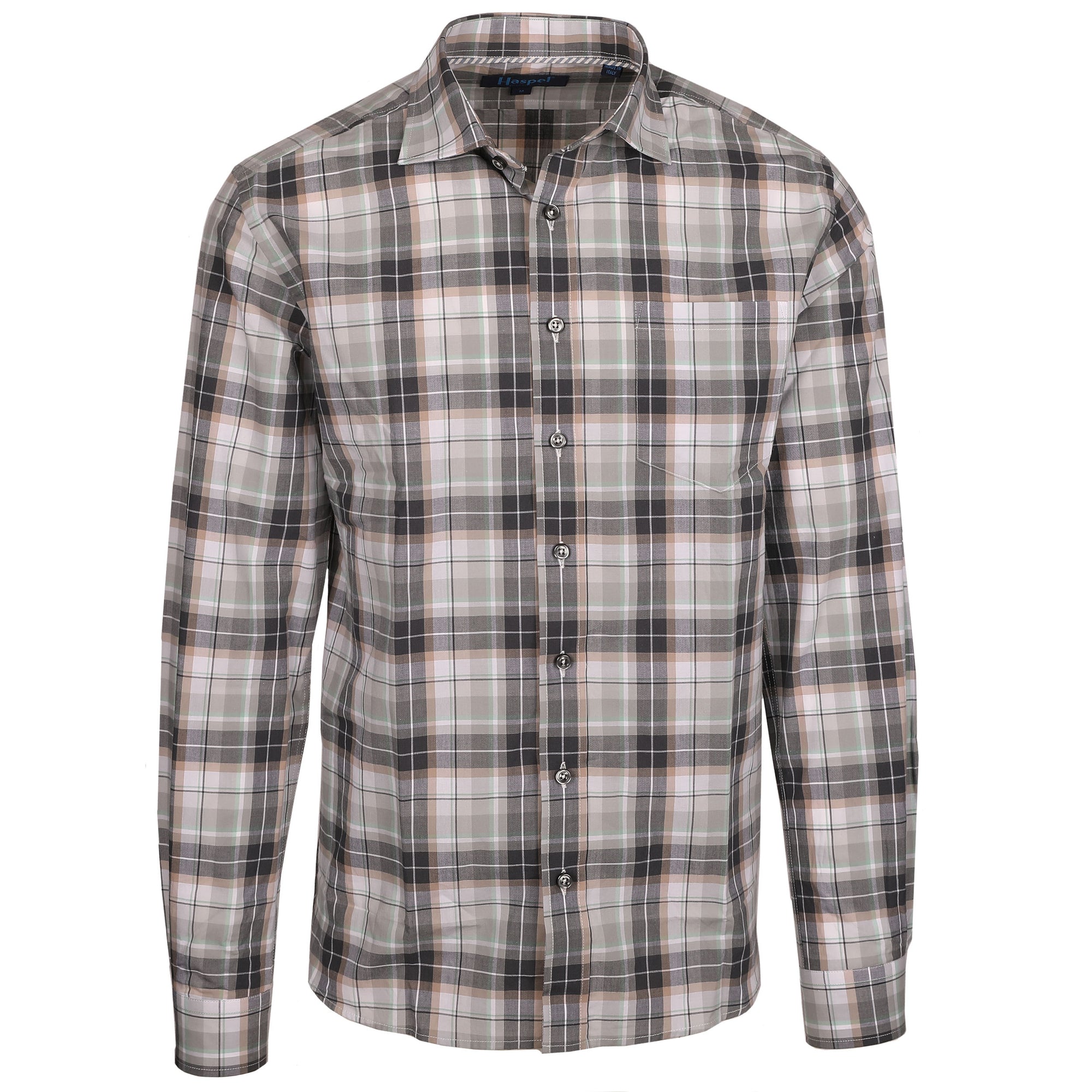 The Audubon Gray, Tan & Green Plaid shirt adds a classic touch to any wardrobe. Crafted from lightweight cotton, this plaid shirt is comfortable and breathable. The stylishly designed steely grey buttons give a modern edge to the traditional grey and tan pattern.  100% Cotton • Spread Collar • Long Sleeve • Chest Pocket • Machine Washable • Made in Italy • Return Policy