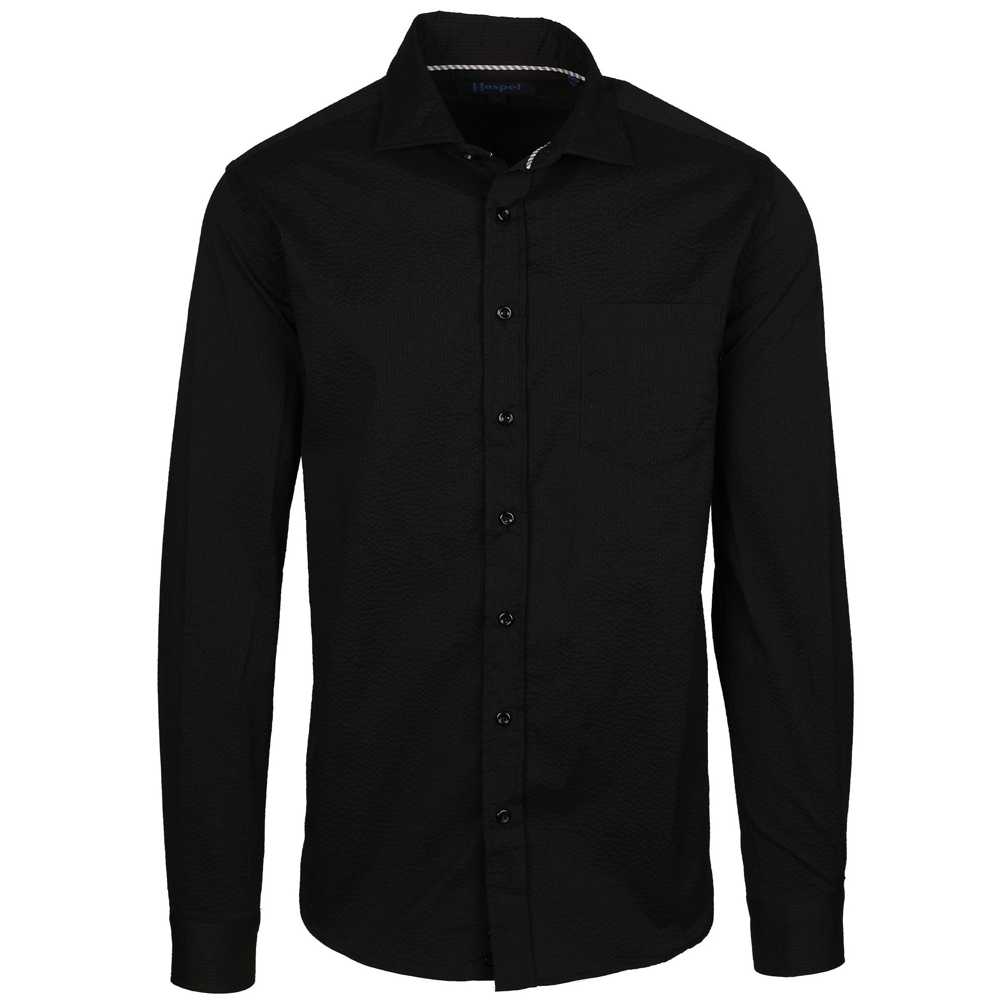 This Chartres Solid Black Seersucker is a classic example of a traditional, iconic fabric. Its seersucker texture is for those who want to make a timeless statement with their outfit and the coolest breezy fabric.   100% Cotton • Spread Collar with Removable Collar Stays • Long Sleeve • Chest Pocket • Machine Washable • Made in Italy • Return Policy