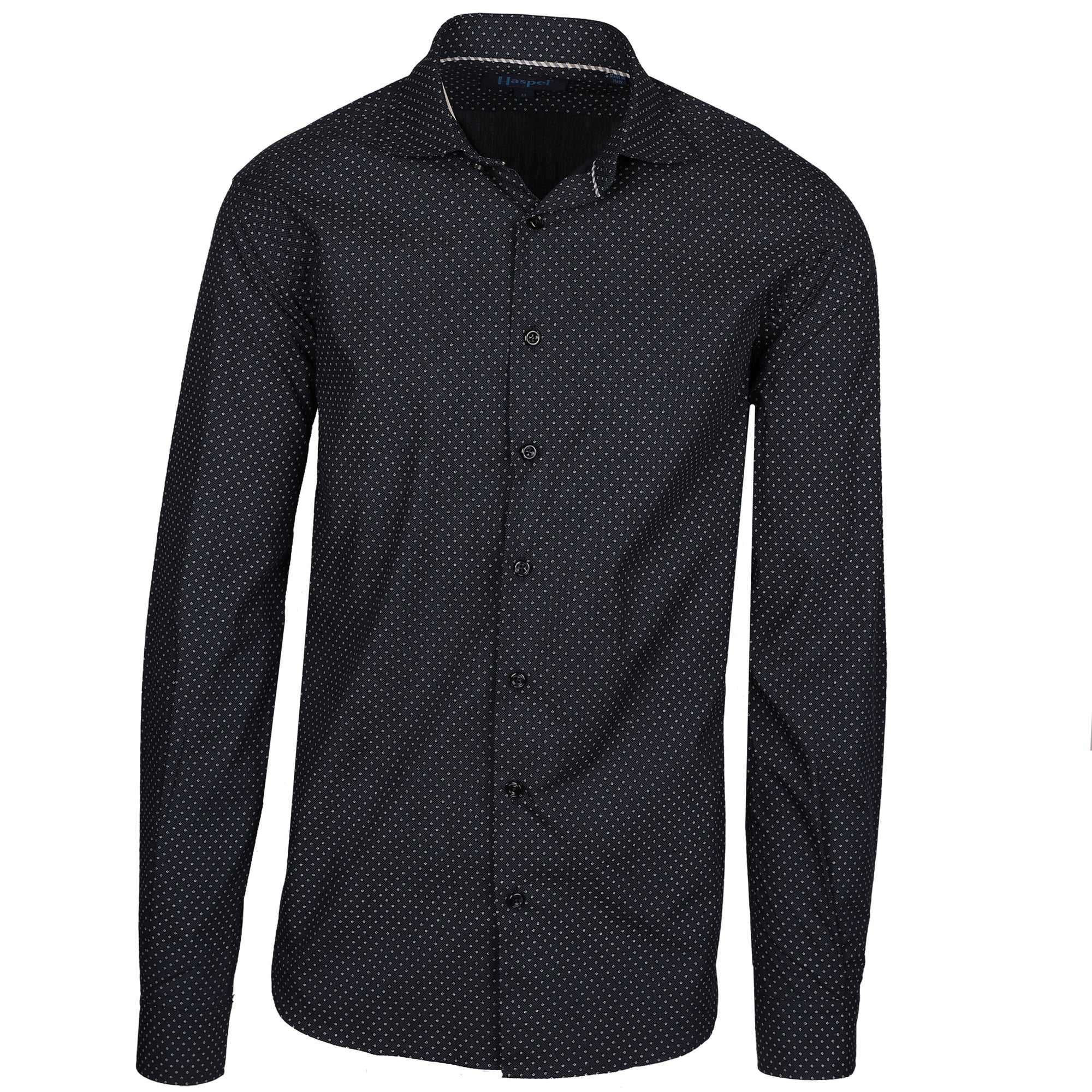 This Erato Navy Texture with White Dot sport shirt will keep you comfortable and stylish. It is made of a soft micro dot patterned material that is breathable and lightweight. You will look sharp while staying cool and comfortable.  100% Cotton • Spread Collar • Long Sleeve • Contrast Buttons • French Placket • Machine Washable • Made in Italy • Return Policy