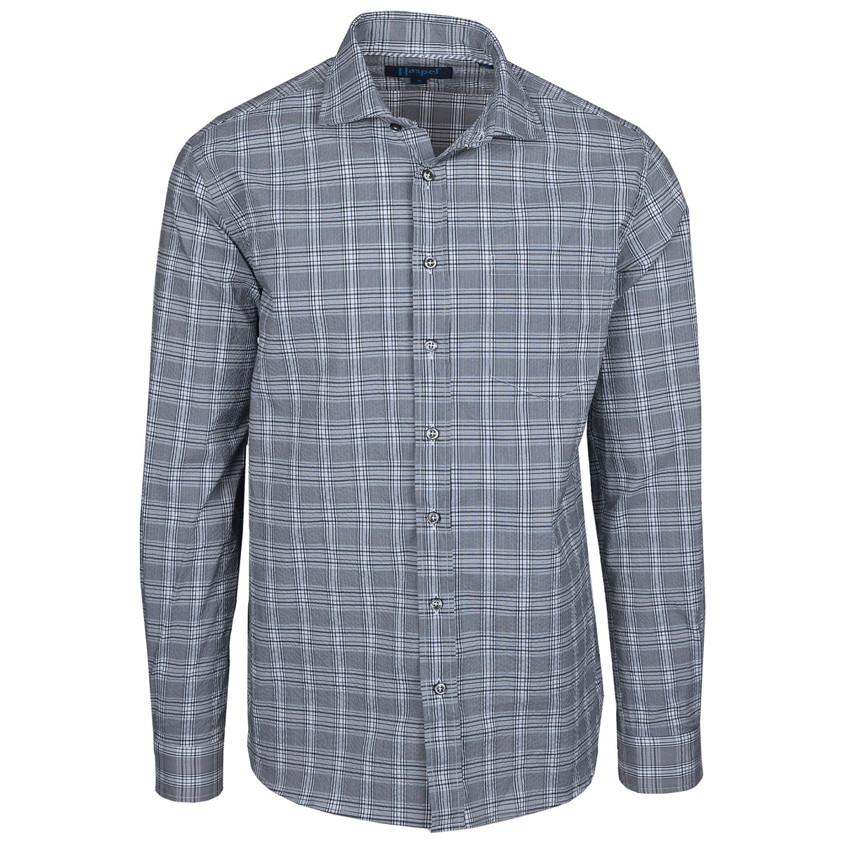 Update your wardrobe with this dapper Chartres Grey Seersucker Glenplaid Check. This suave fabric features a classy grey glenplaid check, perfect for a sharp man-about-town look. Feel like a true gentleman, whatever the occasion.  100% Cotton • Spread Collar with Removable Collar Stays • Long Sleeve • Chest Pocket • Machine Washable • Made in Italy • Return Policy