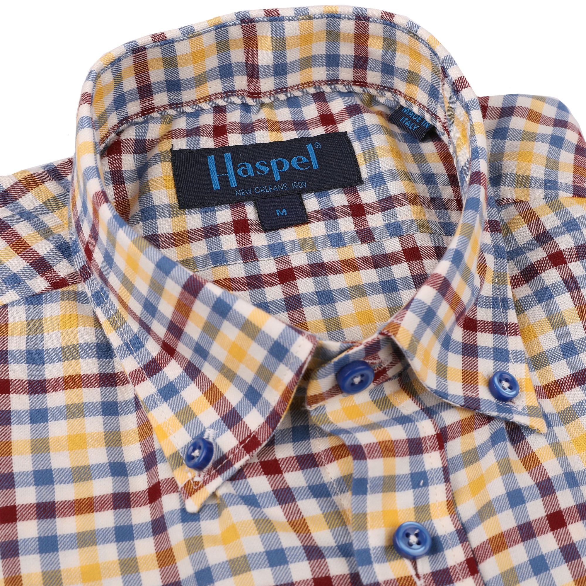 Keep cool in the Franklin Yellow, Blue & Burgundy Brushed Plaid shirt. Crafted with a yellow, blue, and burgundy brushed plaid, this stylish shirt delivers breathability and comfort. Beat the New Orleans heat in this cozy style!  100% Cotton • Short Sleeve • Button Down Collar • No Chest Pocket • Machine Wash • Made in Italy • Return Policy