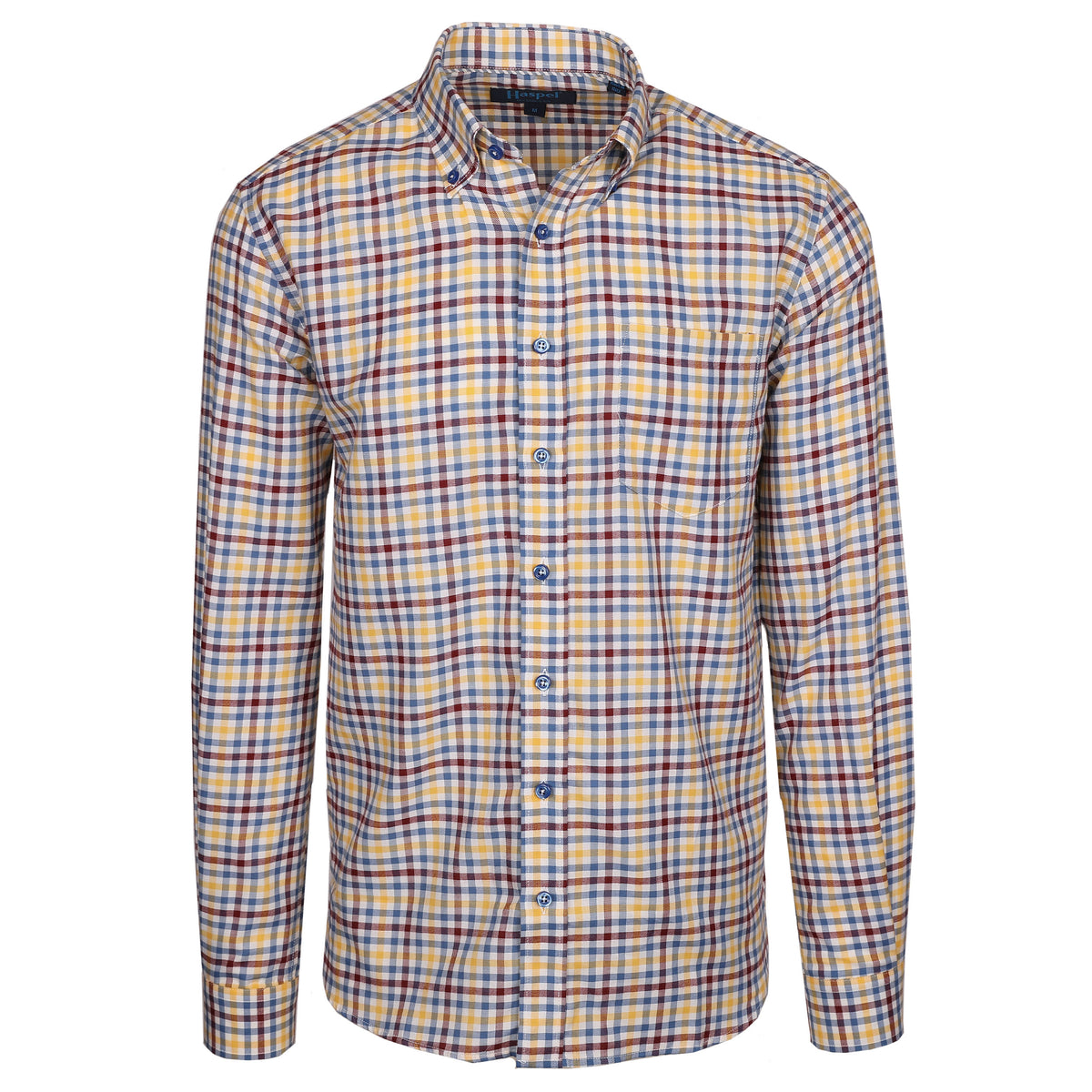 Keep cool in the Franklin Yellow, Blue &amp; Burgundy Brushed Plaid shirt. Crafted with a yellow, blue, and burgundy brushed plaid, this stylish shirt delivers breathability and comfort. Beat the New Orleans heat in this cozy style!  100% Cotton • Short Sleeve • Button Down Collar • No Chest Pocket • Machine Wash • Made in Italy • Return Policy