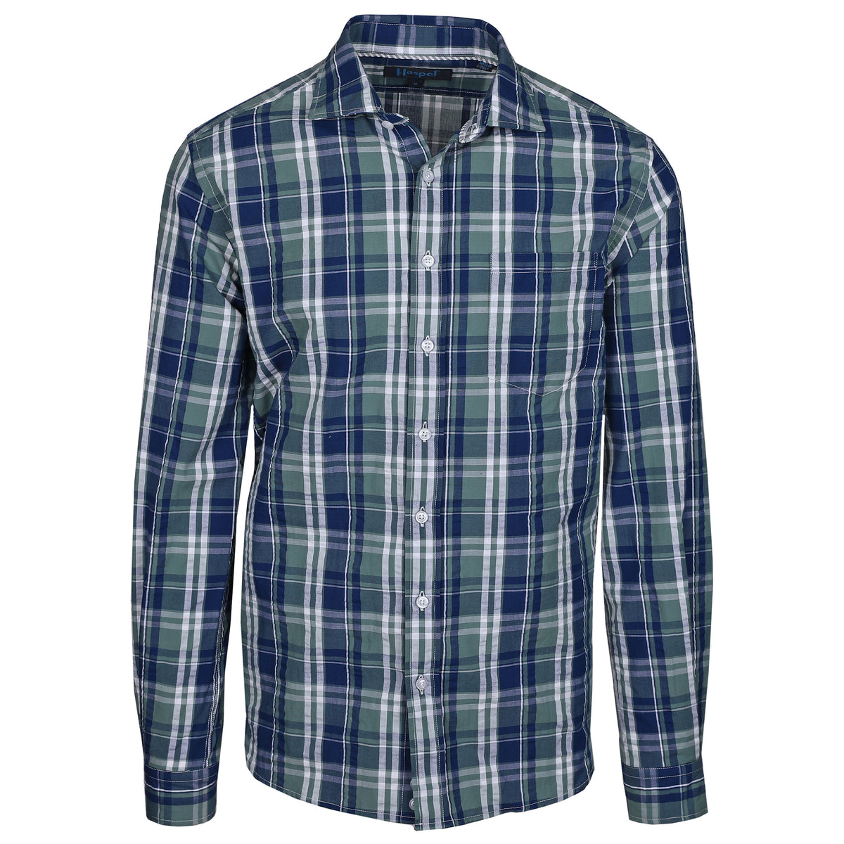 Channel the colors of the sea in a decidedly chic way with our Chartres Blue &amp; Green Seersucker fabric. This lightweight plaid is sure to give your wardrobe a splash of color as cool as a sea breeze.  100% Cotton • Spread Collar with Removable Collar Stays • Long Sleeve • Chest Pocket • Machine Washable • Made in Italy • Return Policy