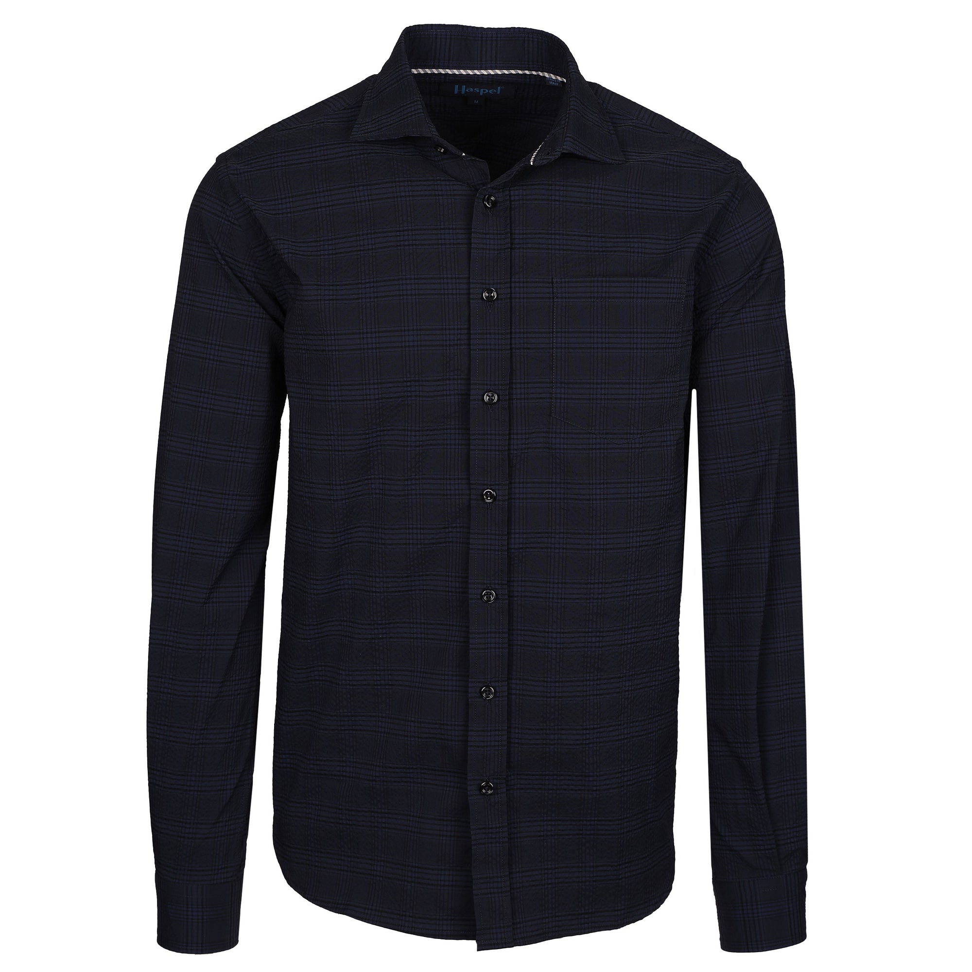 The Chartres Navy Seersucker Check provides classic sophistication. Made from navy seersucker, its timeless design adds elegance to any outfit.   100% Cotton • Spread Collar with Removable Collar Stays • Long Sleeve • Chest Pocket • Machine Washable • Made in Italy • Return Policy