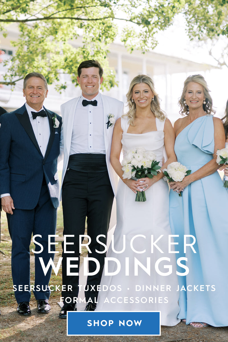 A group of four people outdoors wearing formal wedding attire, with large overlaid text reading 'SEERSUCKER WEDDINGS' and smaller text listing tuxedos, dinner jackets, and formal accessories. A blue 'SHOP NOW' button appears in the bottom right corner.