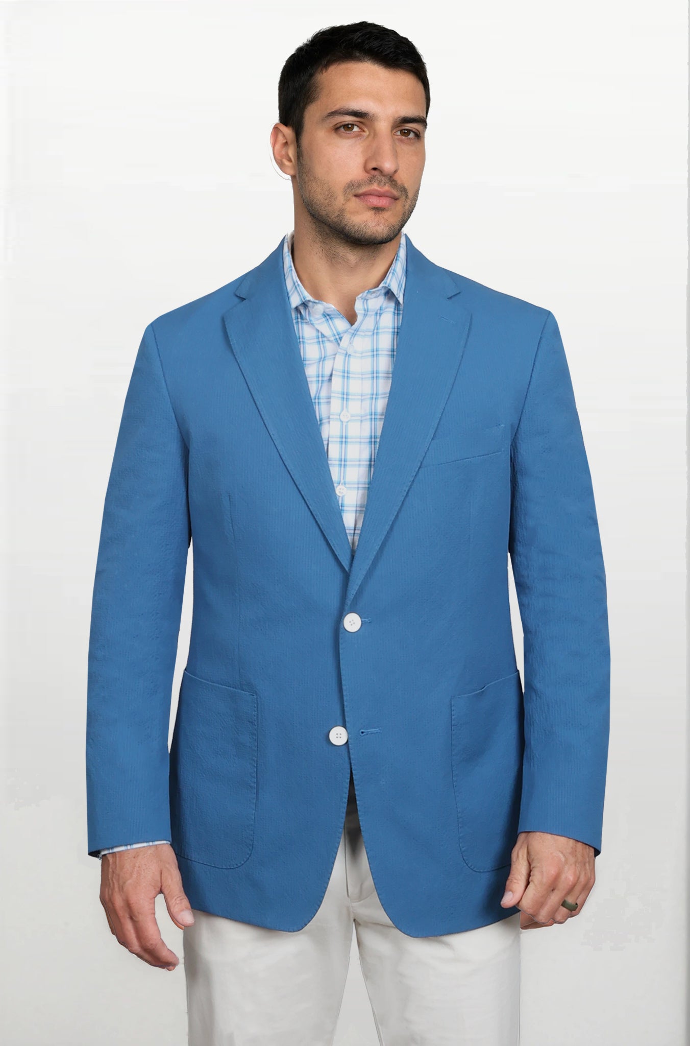 Men's Sport Coat | Toulouse Royal Blue Seersucker Sport Coat | Haspel 44L / Toulouse Modern