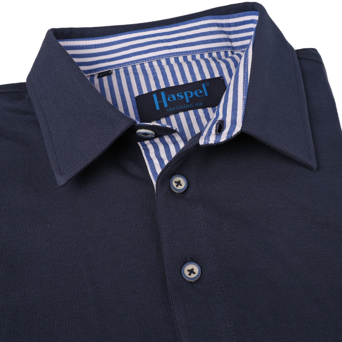 Corta TAILORED FIT Navy Polo with Blue Seersucker Trim
