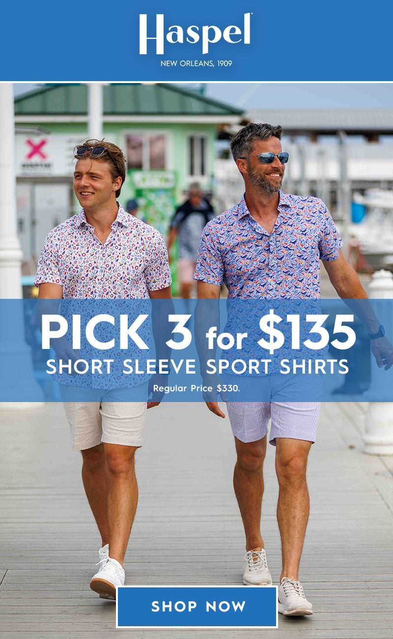 Two men walking outdoors on a dock wearing matching short-sleeve patterned sport shirts. Large overlaid text reads 'PICK 3 for $135 SHORT SLEEVE SPORT SHIRTS' with a blue 'SHOP NOW' button.
