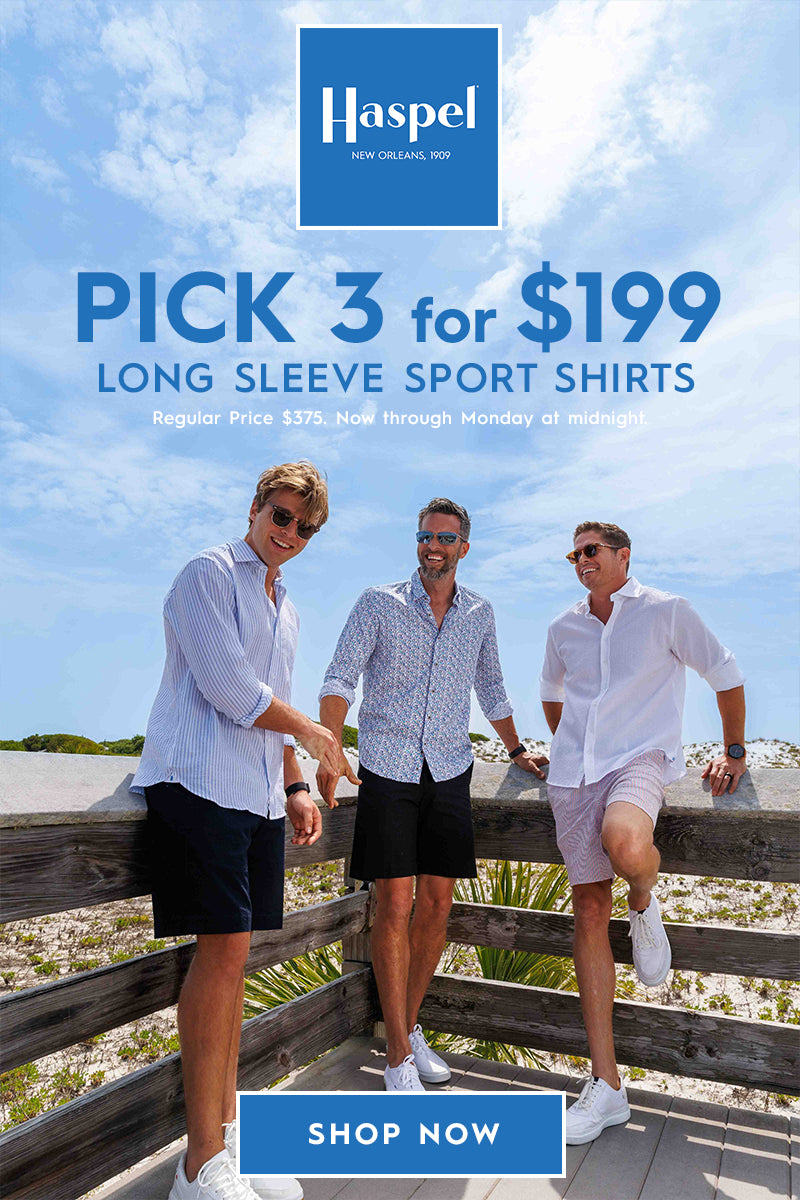 Promotional outdoor ad featuring three men wearing white long-sleeve sport shirts and shorts on a wooden boardwalk under a blue sky, with the text 'PICK 3 for $199 LONG SLEEVE SPORT SHIRTS' and the Haspel logo.