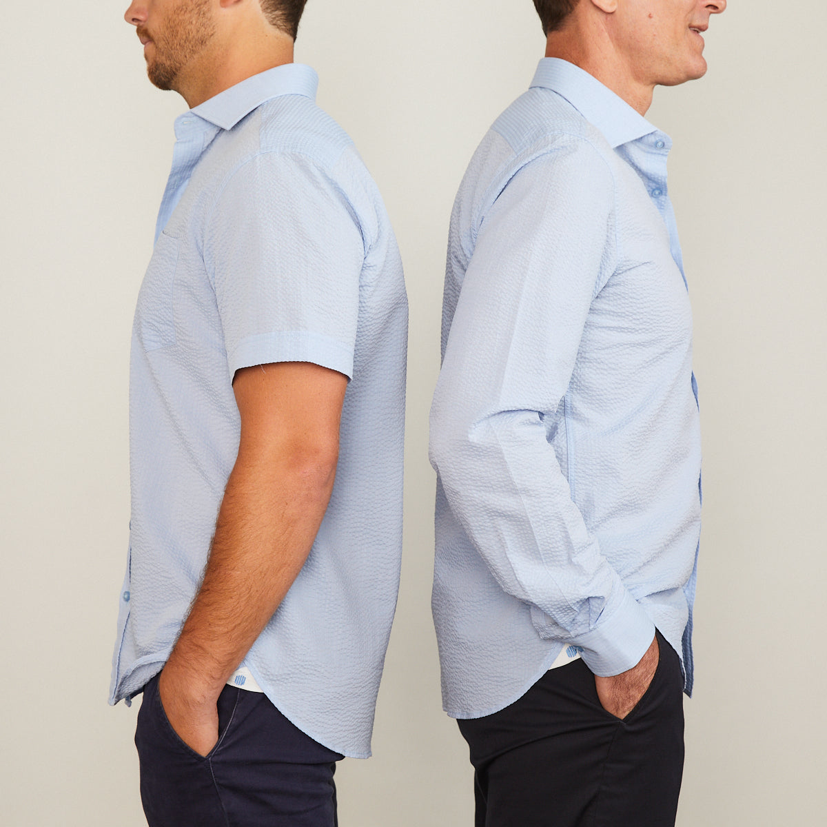 A solid look for a solid guy. The most beautiful light blue short sleeve shirt soon to be on your statuesque frame. Seersucker, lightweight, and supremely cool. Available in short or long sleeve.  100% Cotton Seersucker  •  Spread Collar  •  Short Sleeve  •  Contrast Buttons  •  Chest Pocket  •  Machine Washable  •  Made in Italy