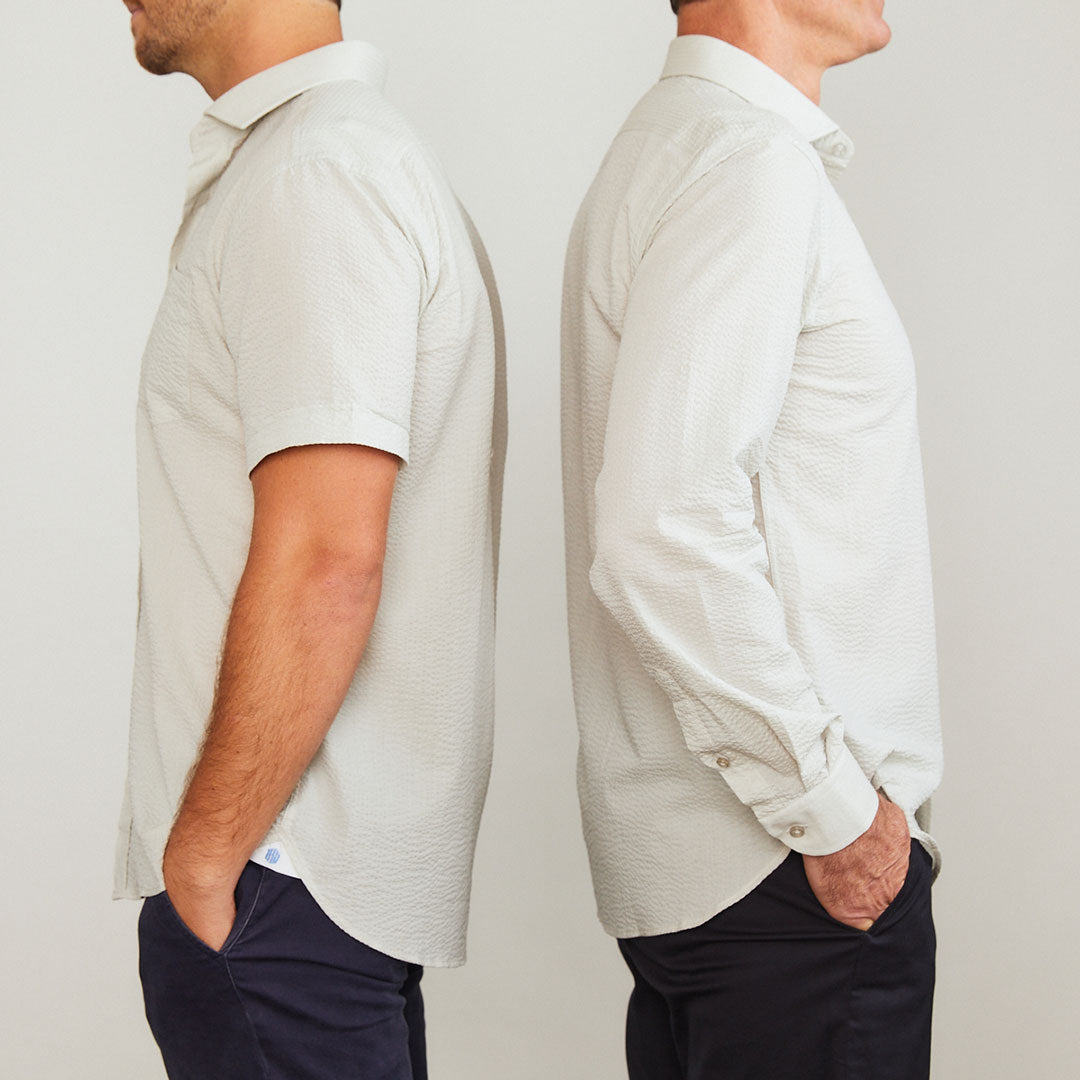 A solid look for a solid guy. The classic look of light grey on a short sleeve seersucker beauty. Seersucker, lightweight, and supremely cool. Available in short or long sleeve.  100% Cotton Seersucker  •  Spread Collar  •  Short Sleeve  •  Chest Pocket  •  Machine Washable  •  Made in Italy