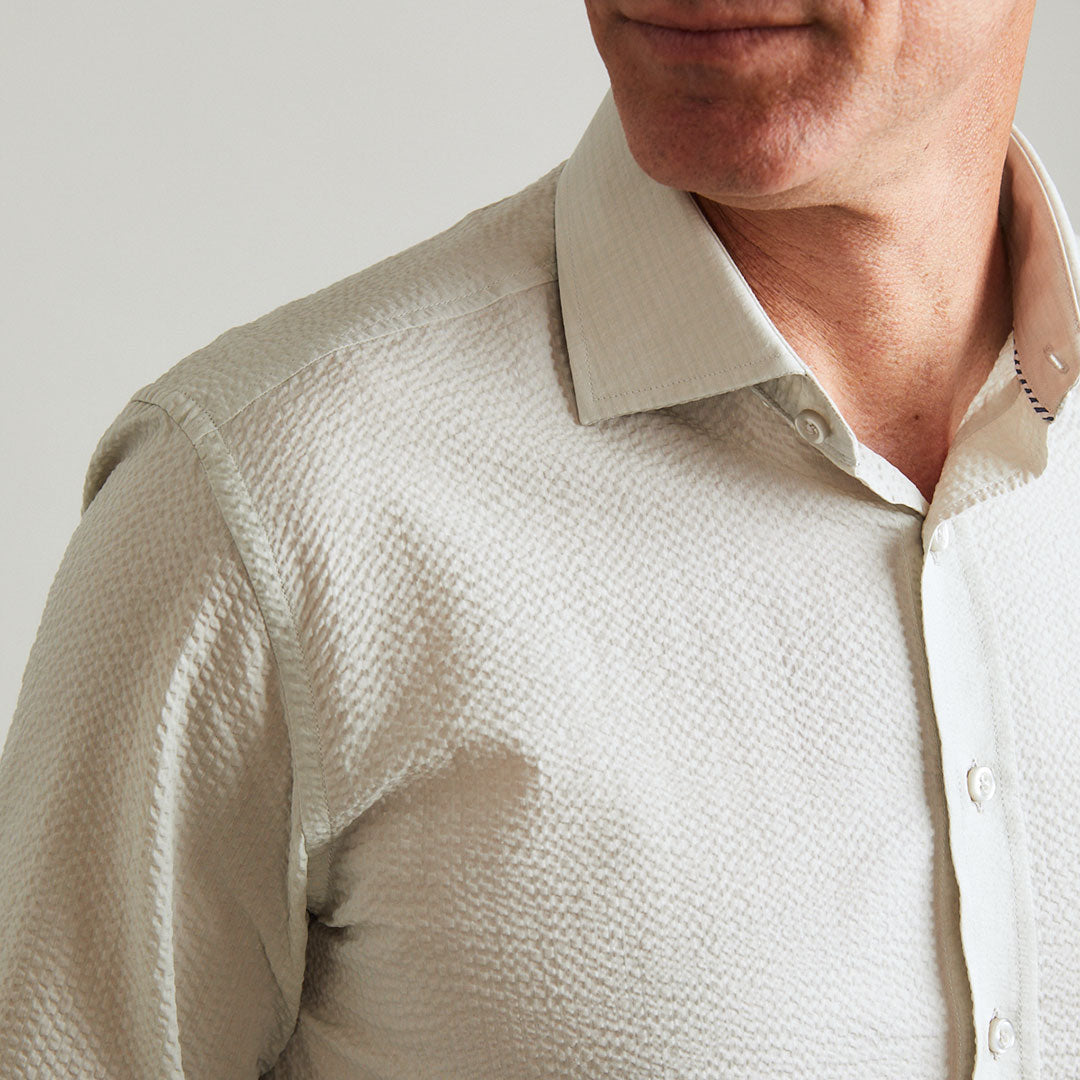 Men's Long Sleeve Shirts | Chartres Light Grey Solid Seersucker