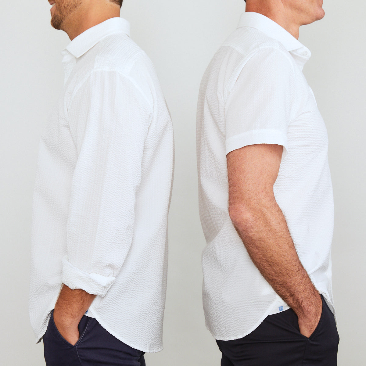 A solid look for a solid guy. THE white shirt you need this season. Seersucker, lightweight, and supremely cool. Available in short or long sleeve.  100% Cotton Seersucker  •  Spread Collar  •  Long Sleeve  •  Chest Pocket  •  Machine Washable  •  Made in Italy 